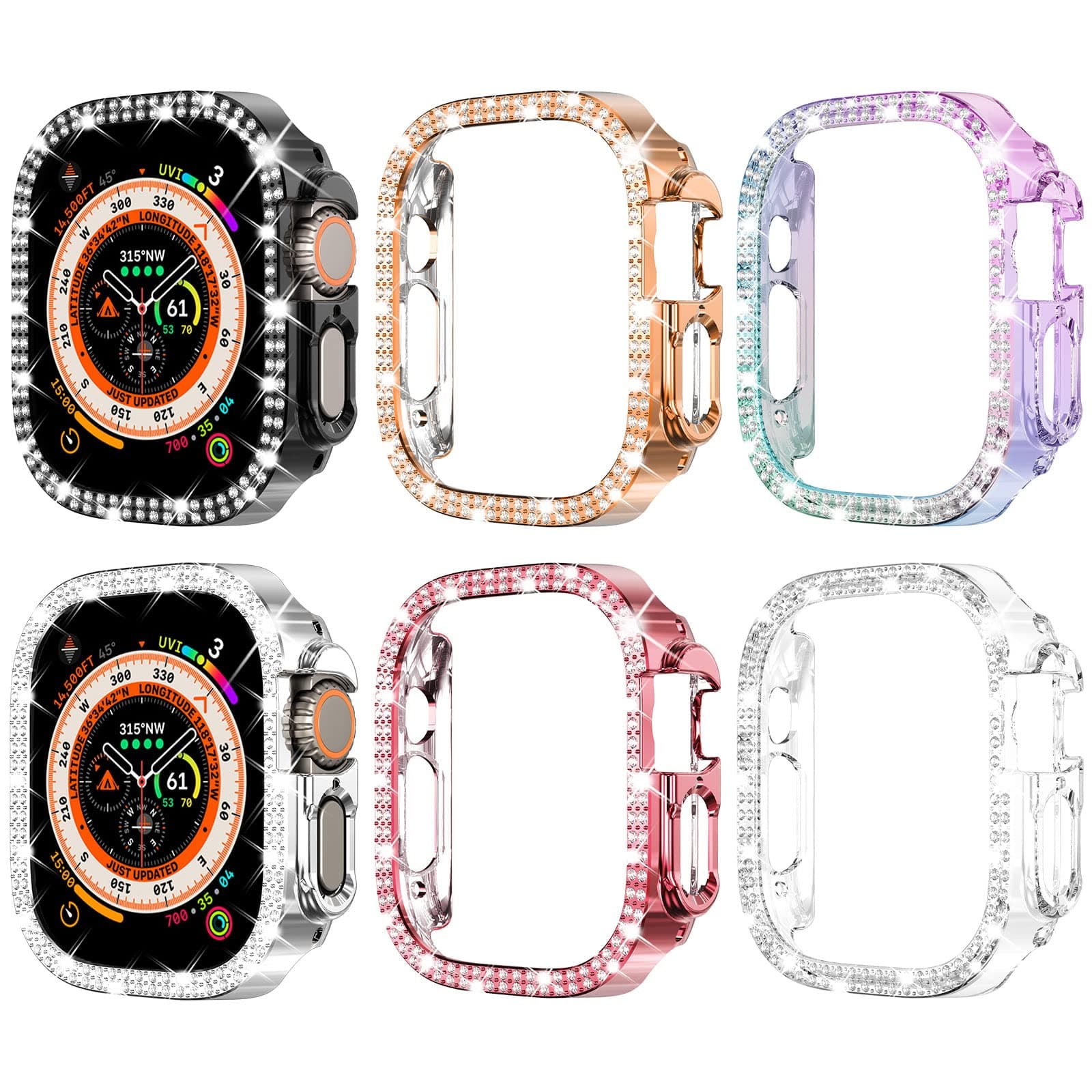 FULLIFE 6-Pack for Apple Watch Ultra 3/2/1 Case Series 11 10 9 8 7 6 5 4 3 2 1 SE3 49/45/44/42/41/40/38mm Bling Face Cover Sparkling Frame for iWatch Women