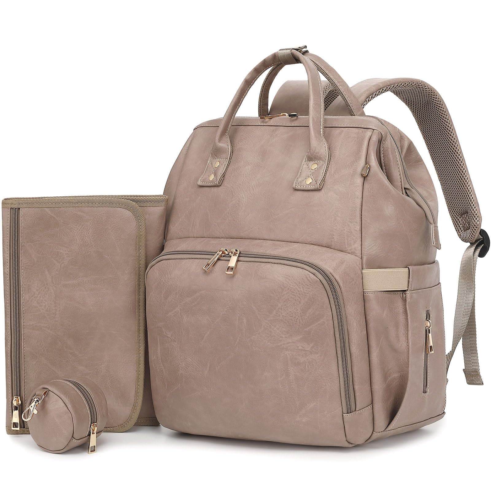 ROSEGIN Premium Vegan Leather Diaper Bag Backpack with Waterproof Changing Pad – Reinforced Stitching & Zippers, Baby Bag for Boy Girl, Stroller Straps, Ergonomic Design for Traveling Moms, Taupe