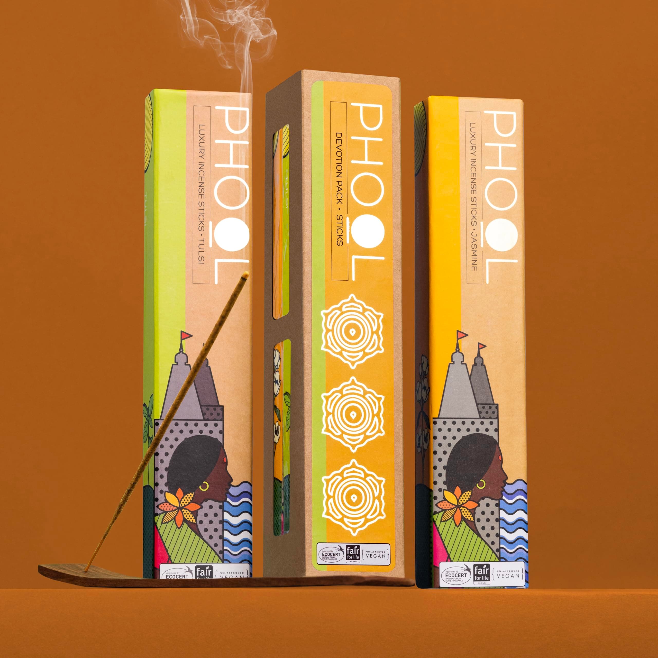 PHOOL LUXURY INCENSE Pack Of 2 Natural Incense Sticks, Devotion Pack (80 Organic Agarbatti Sticks - Tulsi & Jasmine | Special Navratri & Gudi Padwa Pack | Free Wooden Stand 100% Organic (500Gms)