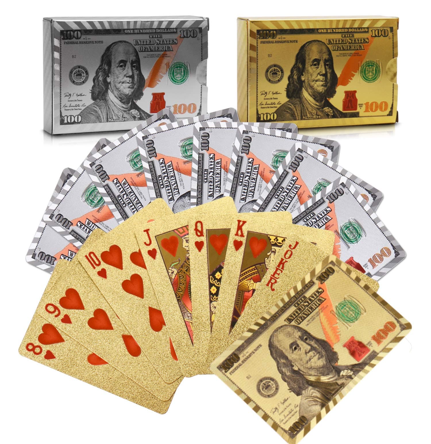 Joyoldelf 2 Decks of 24k Playing Cards with Dollar Pattern, Waterproof & Flexible Poker with Box - Classic Magic Tricks Tool for Party and Game, 1 Gold + 1 Silver