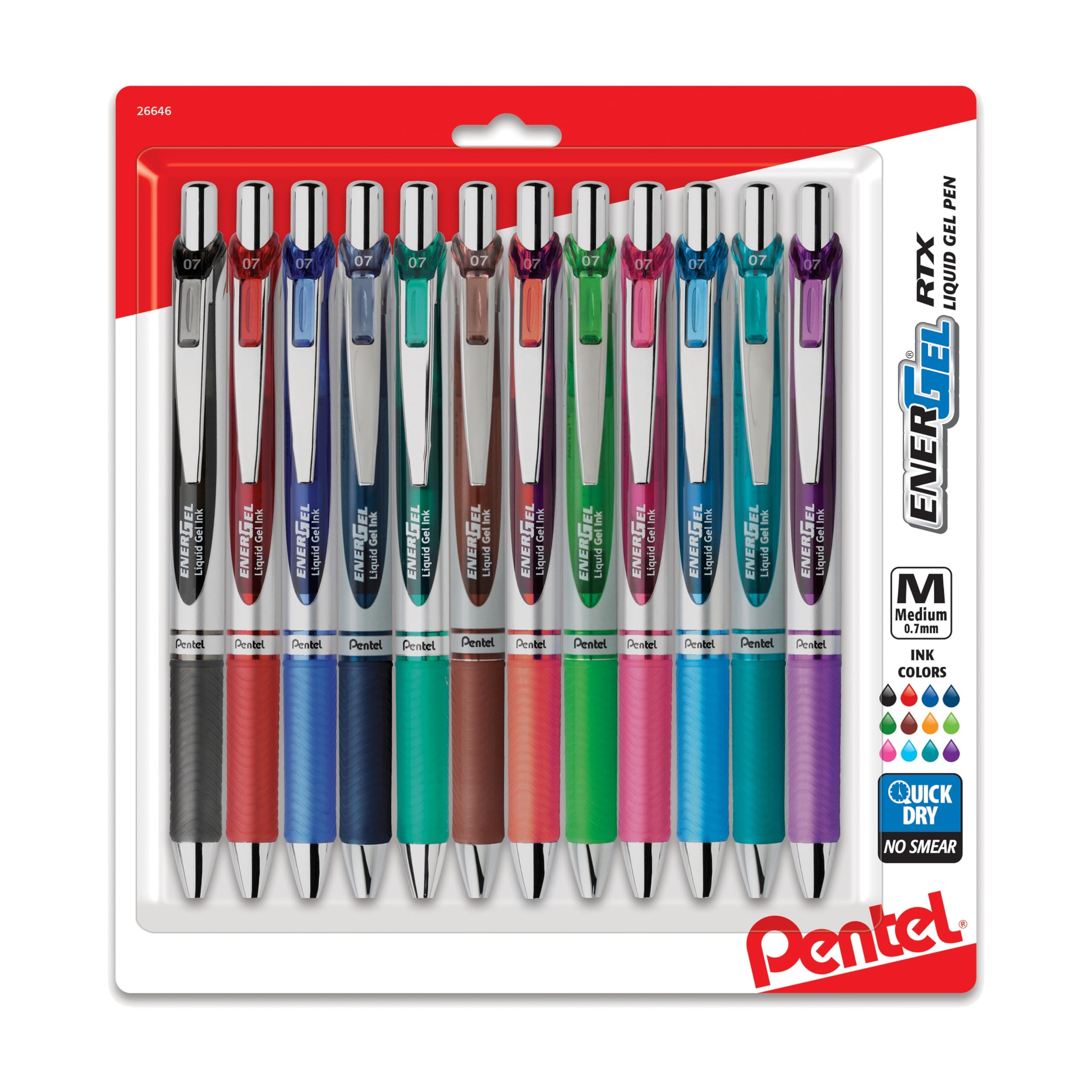 Pentel EnerGel RTX Retractable Liquid Gel Pen, (0.7mm) Medium Line, Assorted Ink (BL77BP12M) Silver