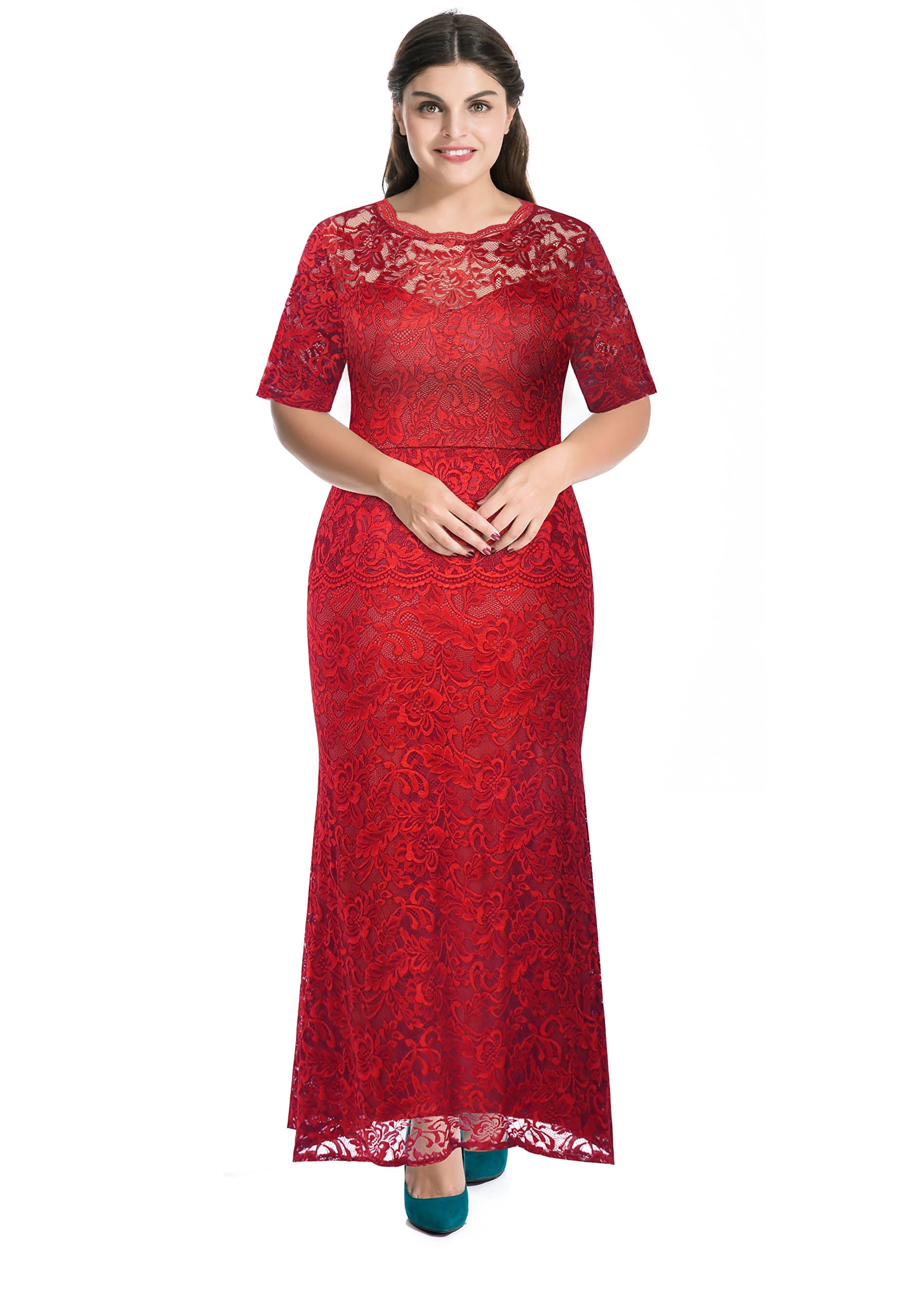 myfeel Plus Size Lace Dress 2 Layers Sheath Patchwork Cocktail Maxi Evening Gown