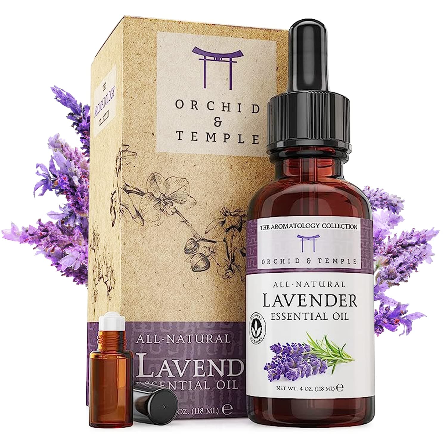 Orchid & Temple Lavender Oil Essential Oil - Essential Oils for Diffusers for Home - Lavender Essential Oil for Skin, Headache Relief, Aromatherapy & Relaxation w/Travel Sized Roll On - Large 4 Fl Oz