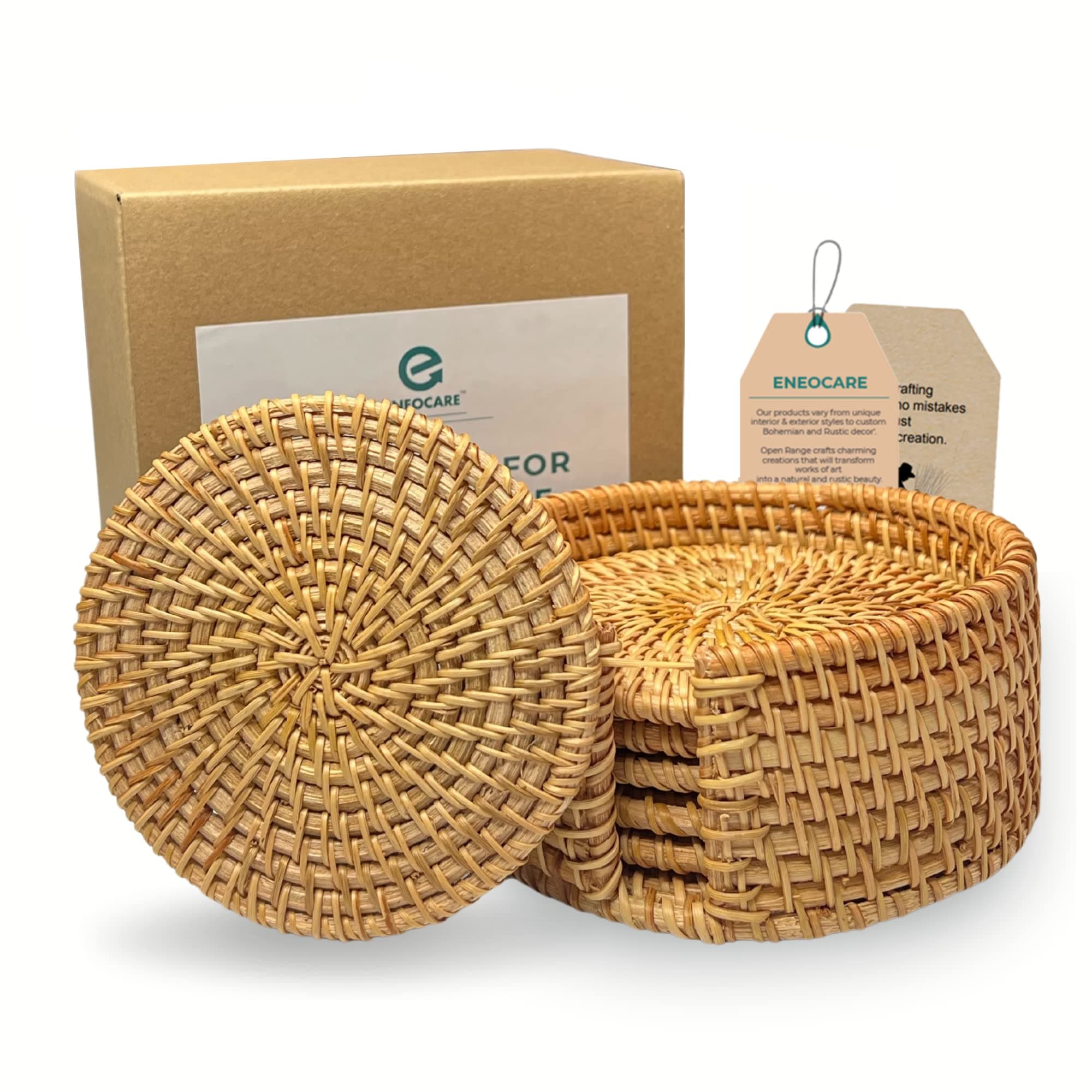 Handmade Natural Rattan Coasters for Drinks, Wicker Boho Woven Coasters Set of 6 with Holder | Heat Resistant Reusable Saucers, Round Straw Trivet for Teacup