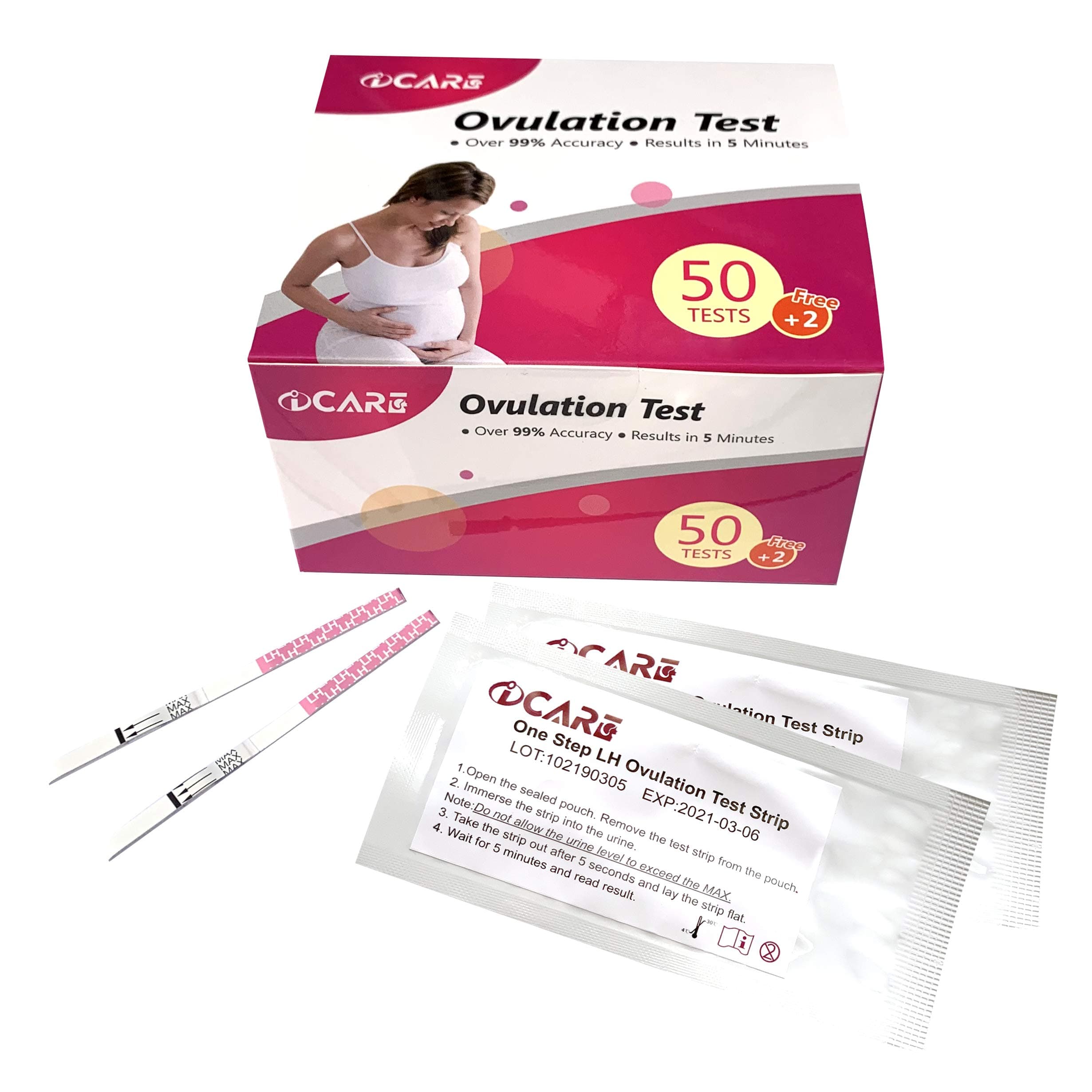 Aicare 50 + 2 LH Ovulation Test Strips, Advance Ovulation Predictor Kits, Reliable and Quick Fertility Test for Tracking Cycle or Trying Conceive Couples