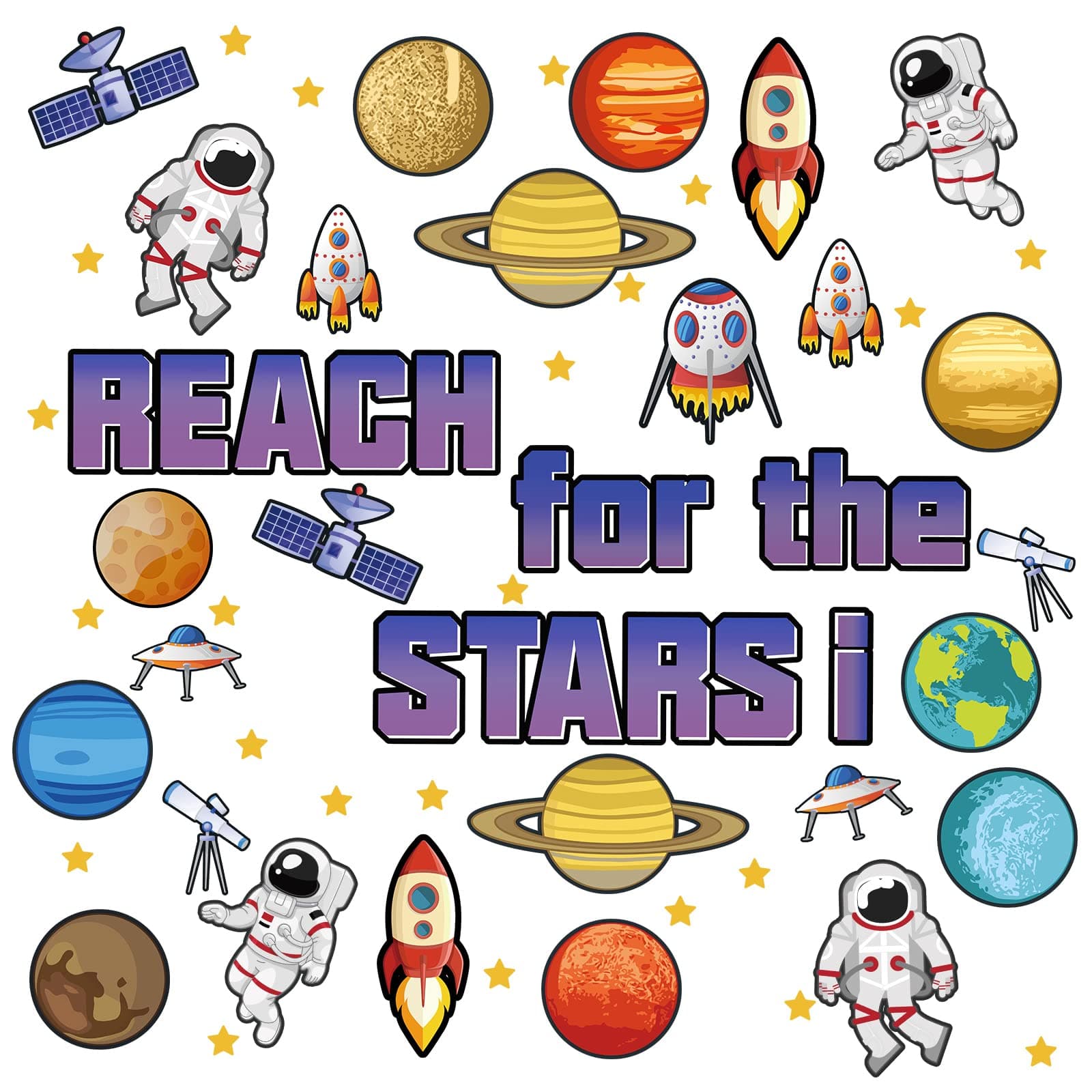 68 Pcs Outer Space Classroom Bulletin Border Decoration Star Cutouts Planet Astronaut Spacecraft Instrument Cutout Reach for The Stars Cutouts for Space Themed Classroom Chalkboard Wall (Outer Space)