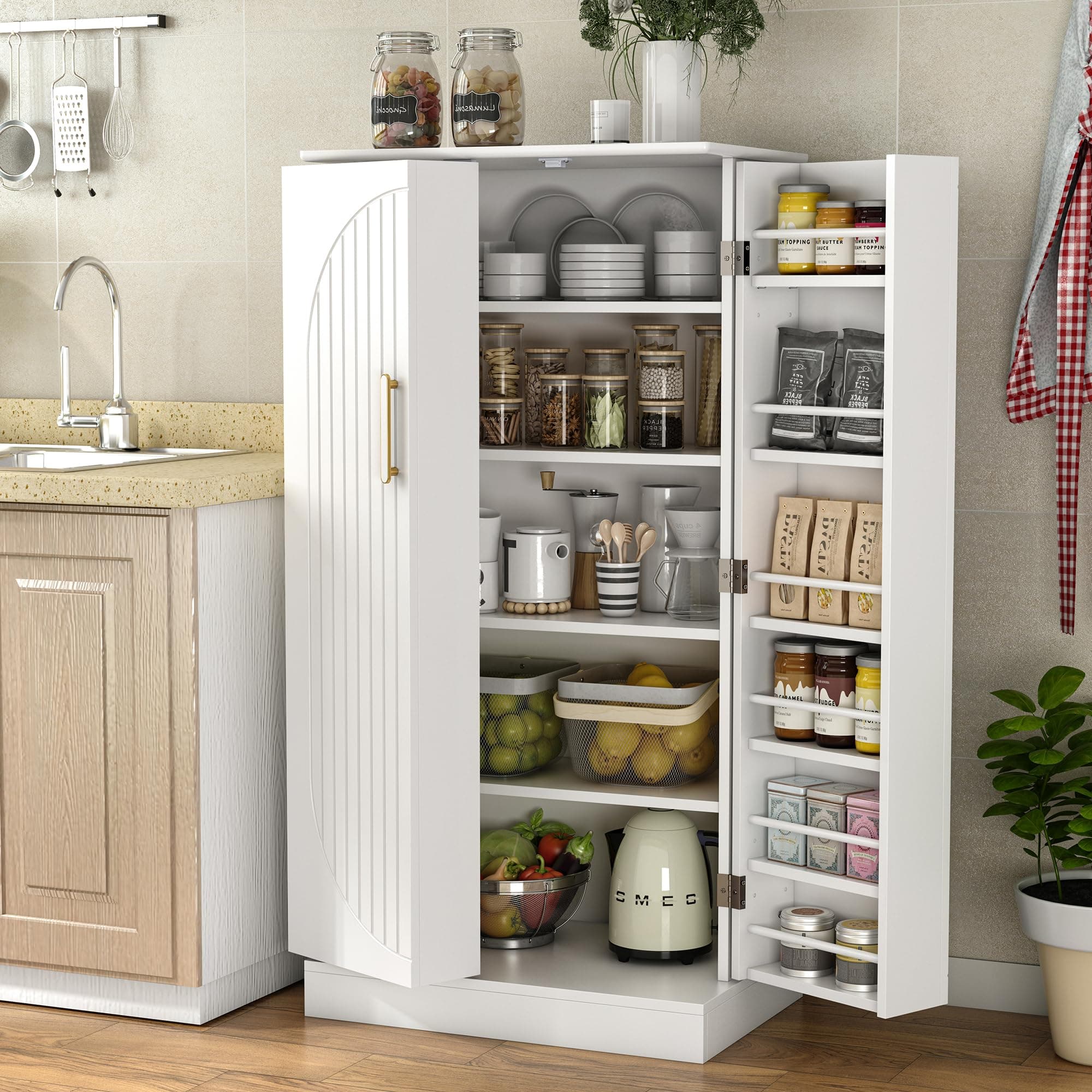 47" Tall Kitchen Pantry Cabinet, Snow-White Pantry Storage Cabinet with Adjustable Shelves, Barn Doors and Drawer Farmhouse Cupboard for Kitchen, Dining Room, Bathroom (16" D x 24" W x 47")
