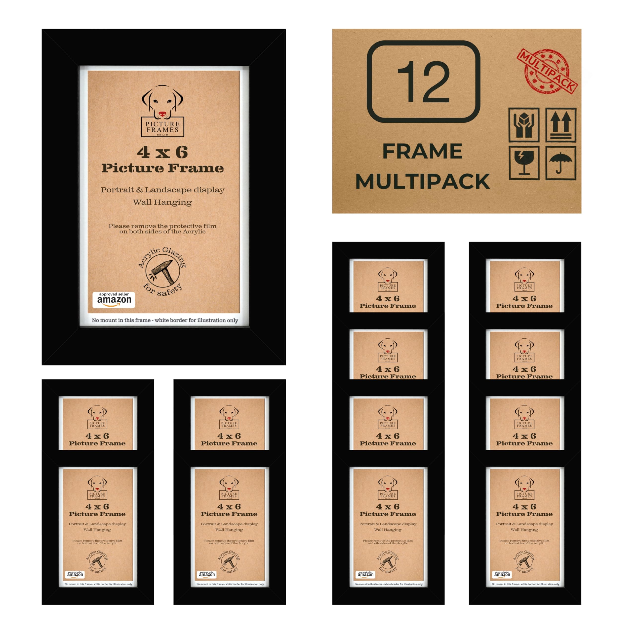 6x4 Black Picture Frames – Pack of 12 Small Frames for Photos & Gifts, Wall Mounted & Freestanding