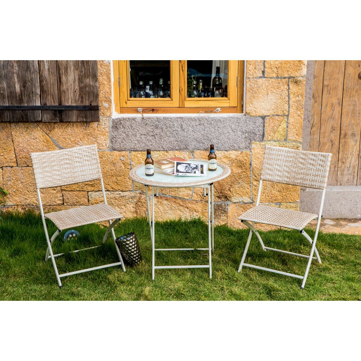 Kona 3 piece Folding Bistro Set Wicker Table with Steel Frame Lightweight Patio Chair and Table Furniture Set of 3 Beige