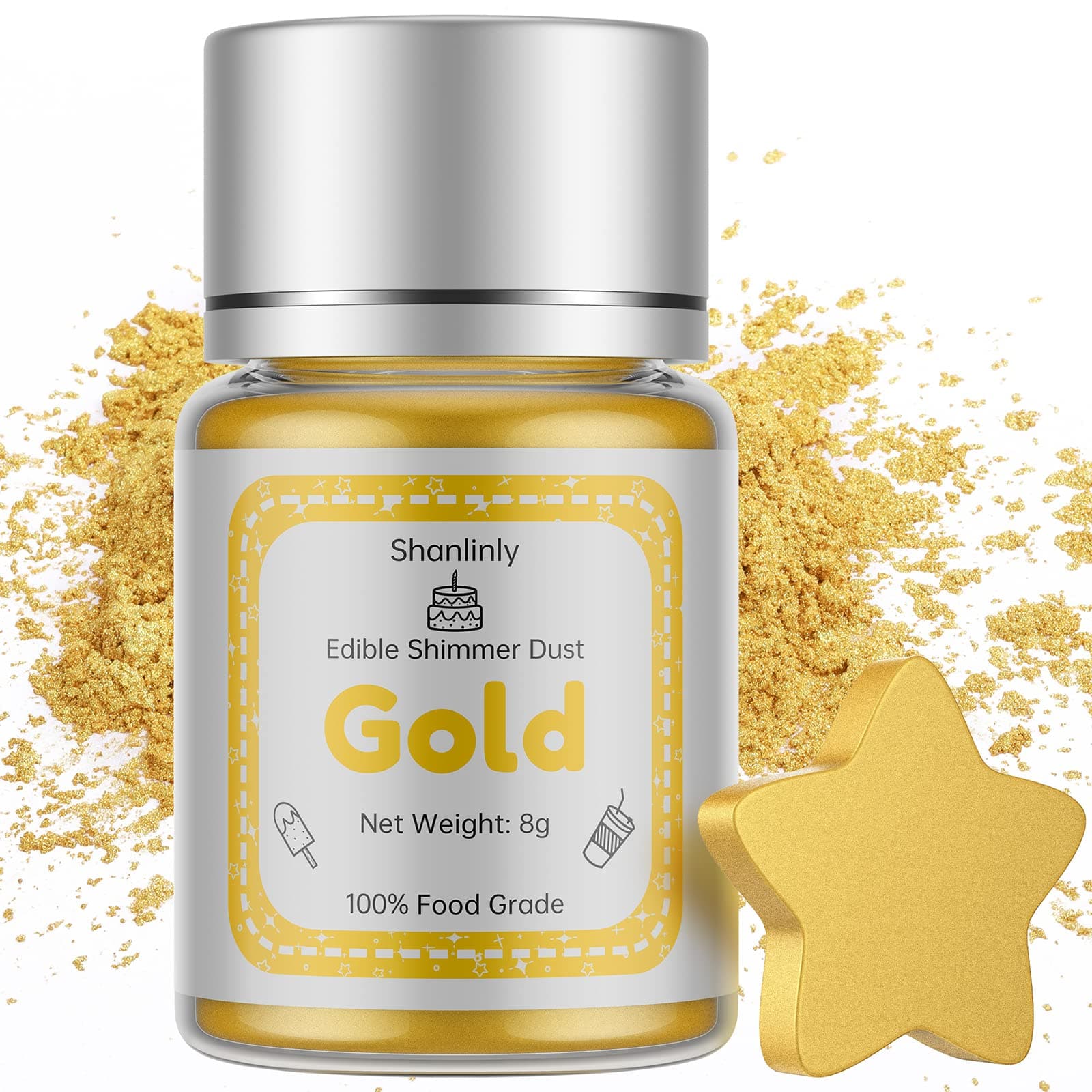 Shanlinly Gold Edible Glitter Luster Dust for Drinks - 8 Grams Food Grade Edible Gold Paint Shimmer Cake Dust, Metallic Food Coloring Powder for Cake Decorating, Desserts, Chocolates, Kosher | Vegan