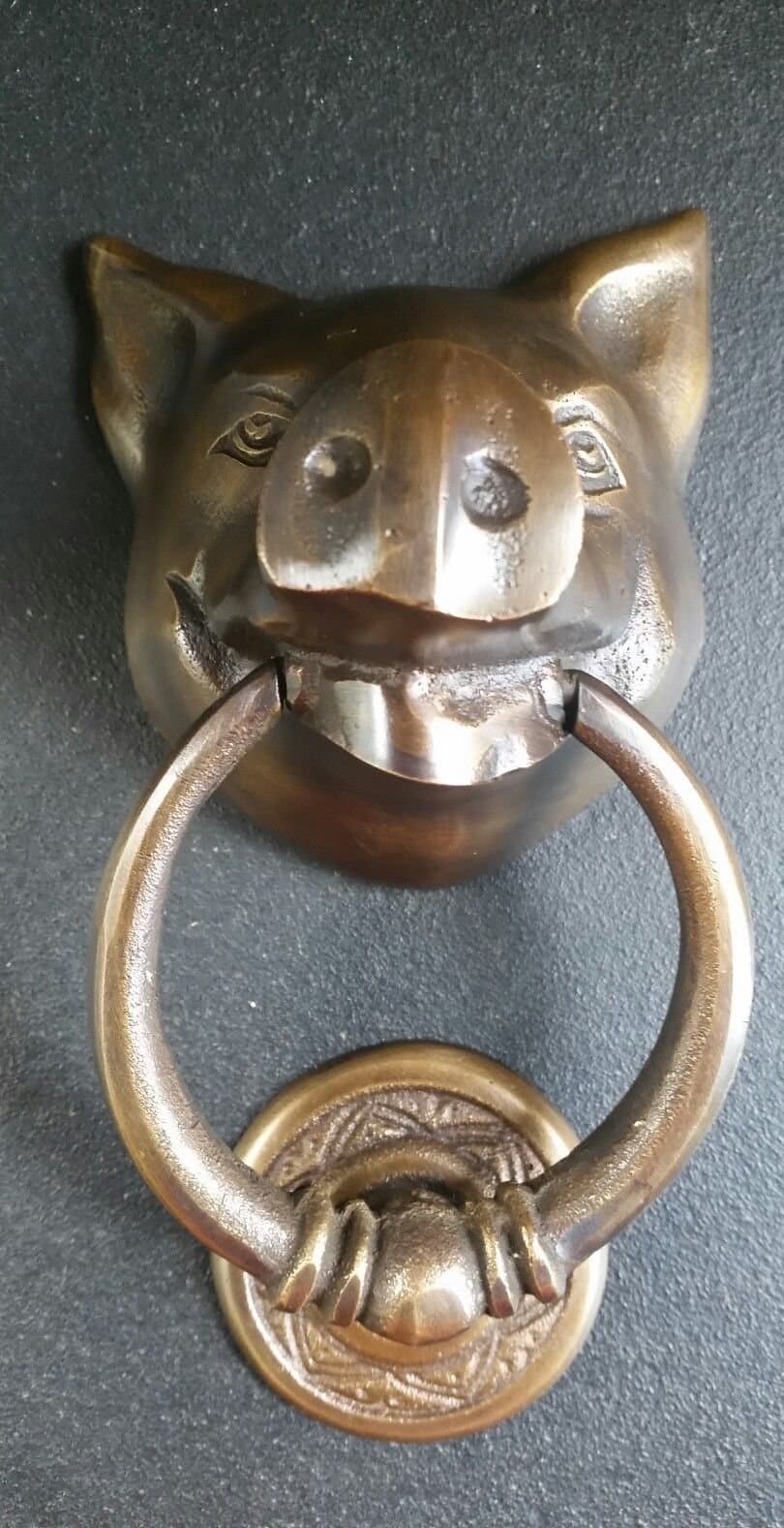 Vintage Antique Style Solid Brass Pig Head Door Knocker 6" #D4