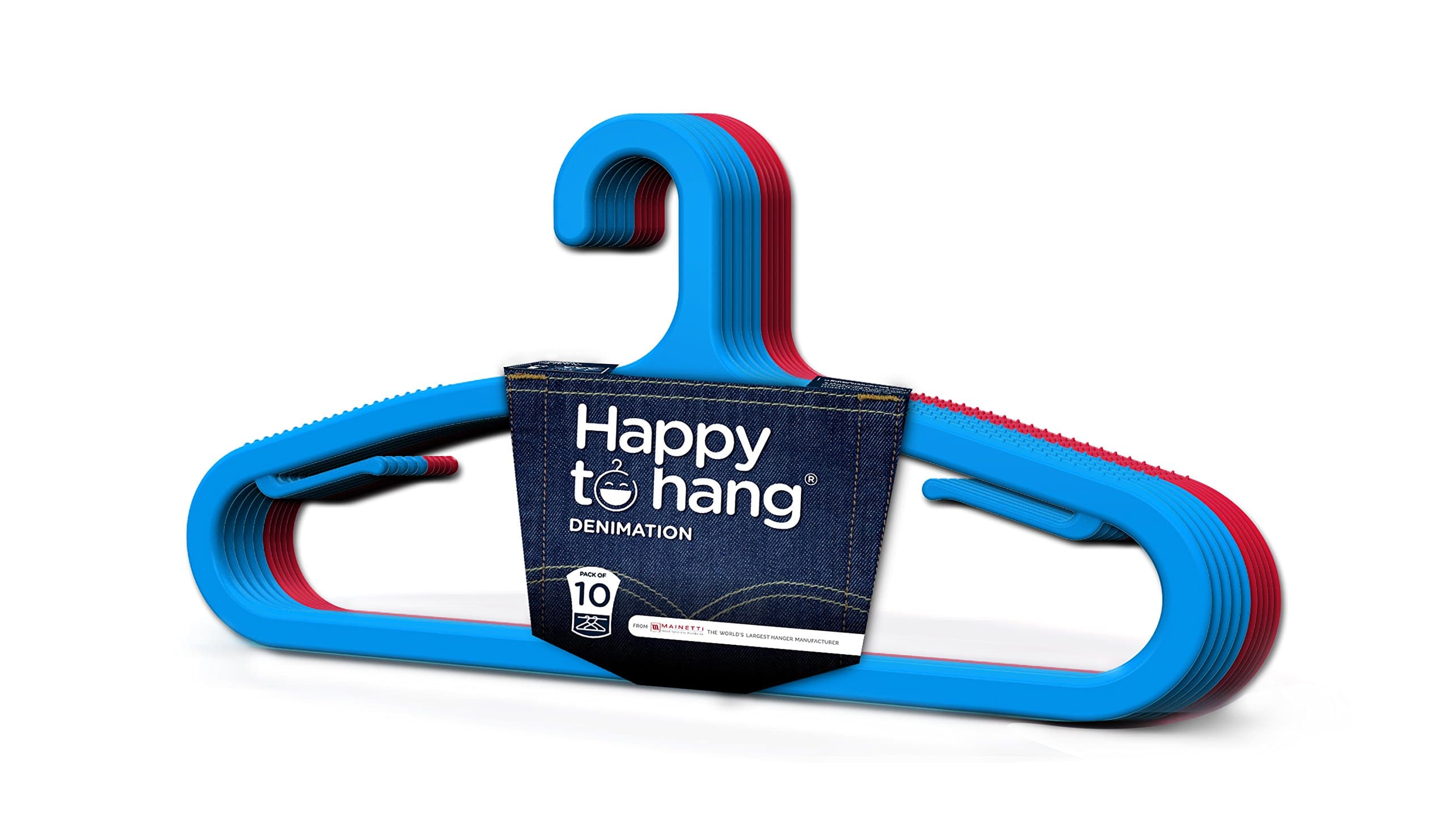 Happy To Hang DENIMATION Plastic Hanger Set | Heavy-Duty Cloth Hangers for Wardrobe, Cupboard & Almirah | Plastic Hangers for Clothes Hanging, Denim Trousers & Jackets | Pack of 10 (Blue & Red, 42 cm)
