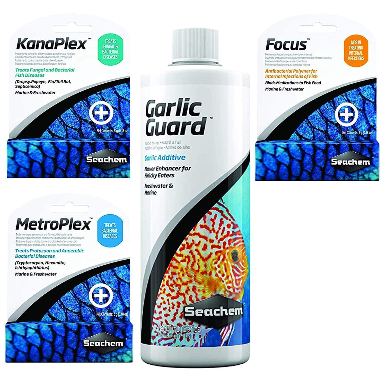 Ultimate Aquarium Treatment Bundle Pack - Metroplex, Kanaplex, Focus, Garlic Guard - All in One Aquarium Treatment