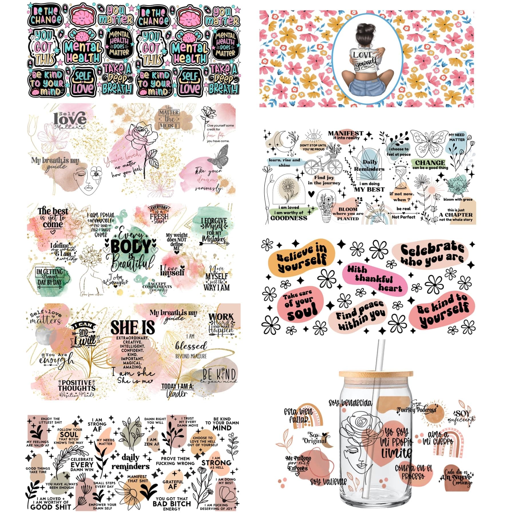 GUNKY UV DTF Cup Wrap, 9Sheets Inspirational Words Rub on Transfers for Crafting 16OZ Libbey Glass Cups Wrap Transfer Stickers Decals Waterproof Crafts Vintage