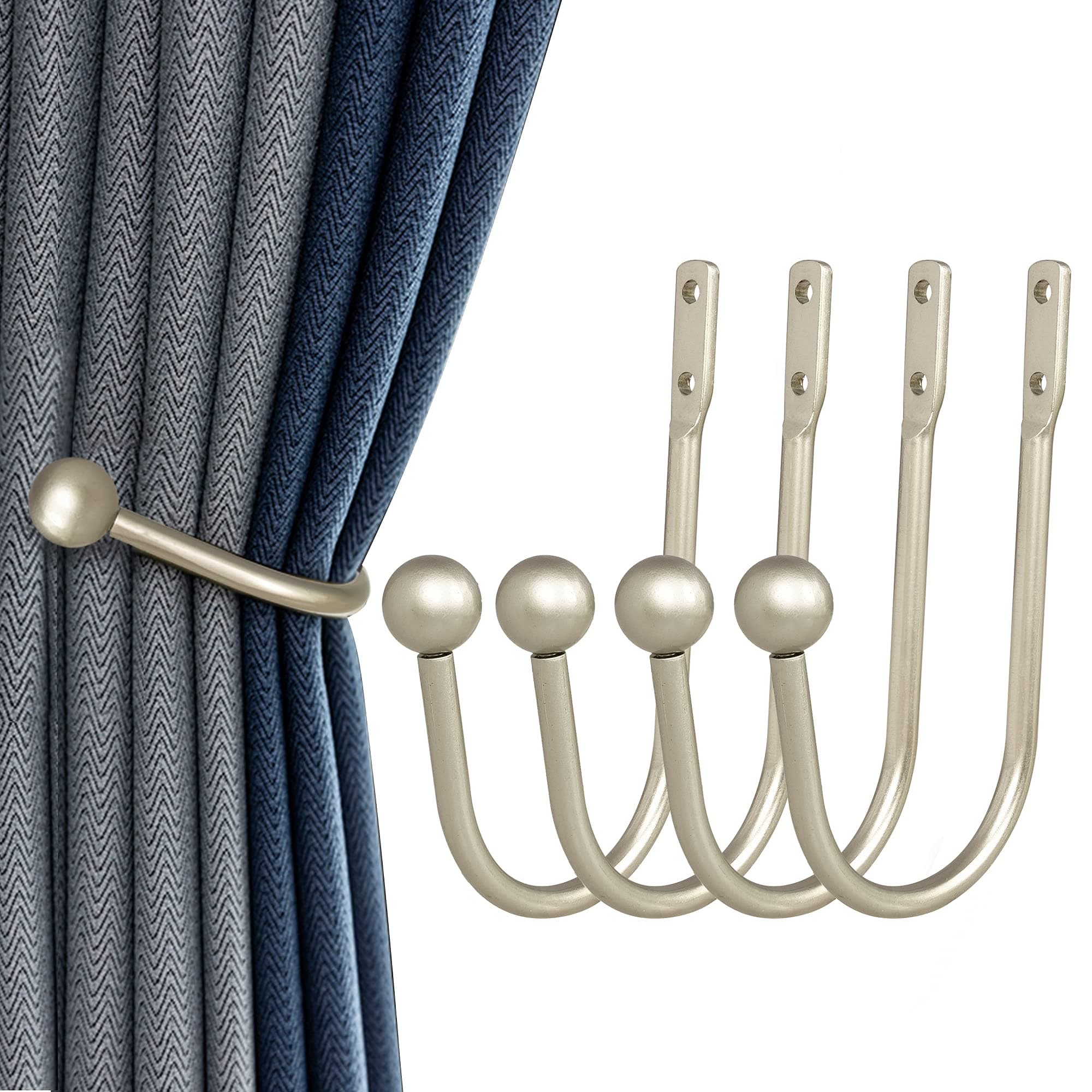 Curtain Holdback, 4 Pcs Wall Mounted Drapery Tiebacks with Screws, Heavy Duty Metal Decorative Window Drapery Holder Curtain Hook, Silver