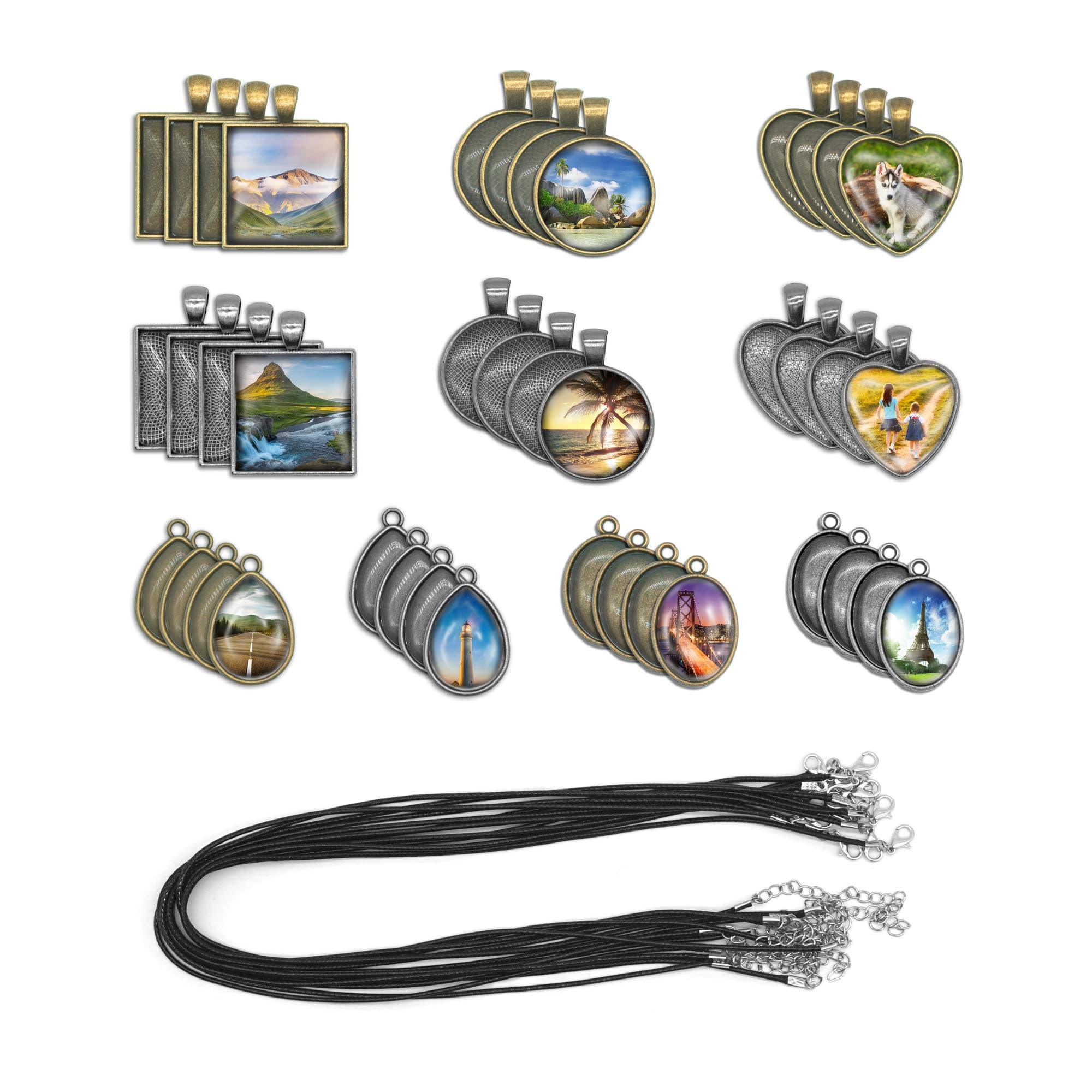 80 Pieces 5 Styles Pendant Trays 40pcs Round & Square & Heart & Teardrop & Oval and 40pcs Bright Glass Cabochon Dome Tiles for Crafting DIY Jewelry Gift Making