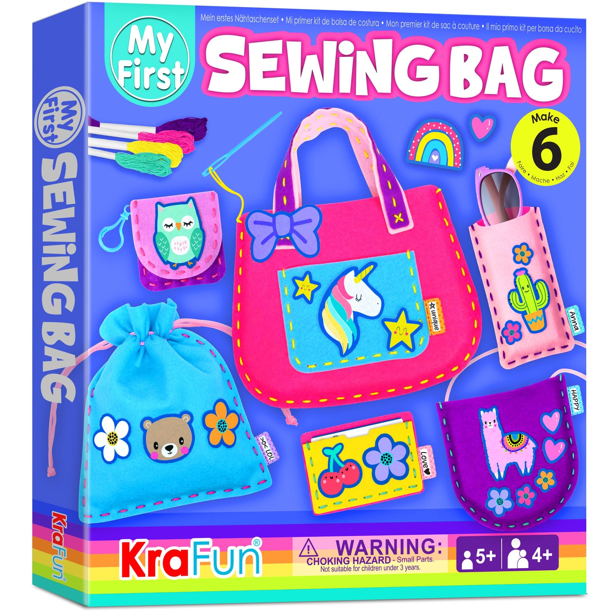 My First Sewing Bag Kit Arts & Crafts for Beginner Kids, 6 Easy DIY Sewing mini Bag Holder Case Projects of Animal Theme, Instructions Learn to Sew & Felt Embroidery, Gift for Girls & Boys