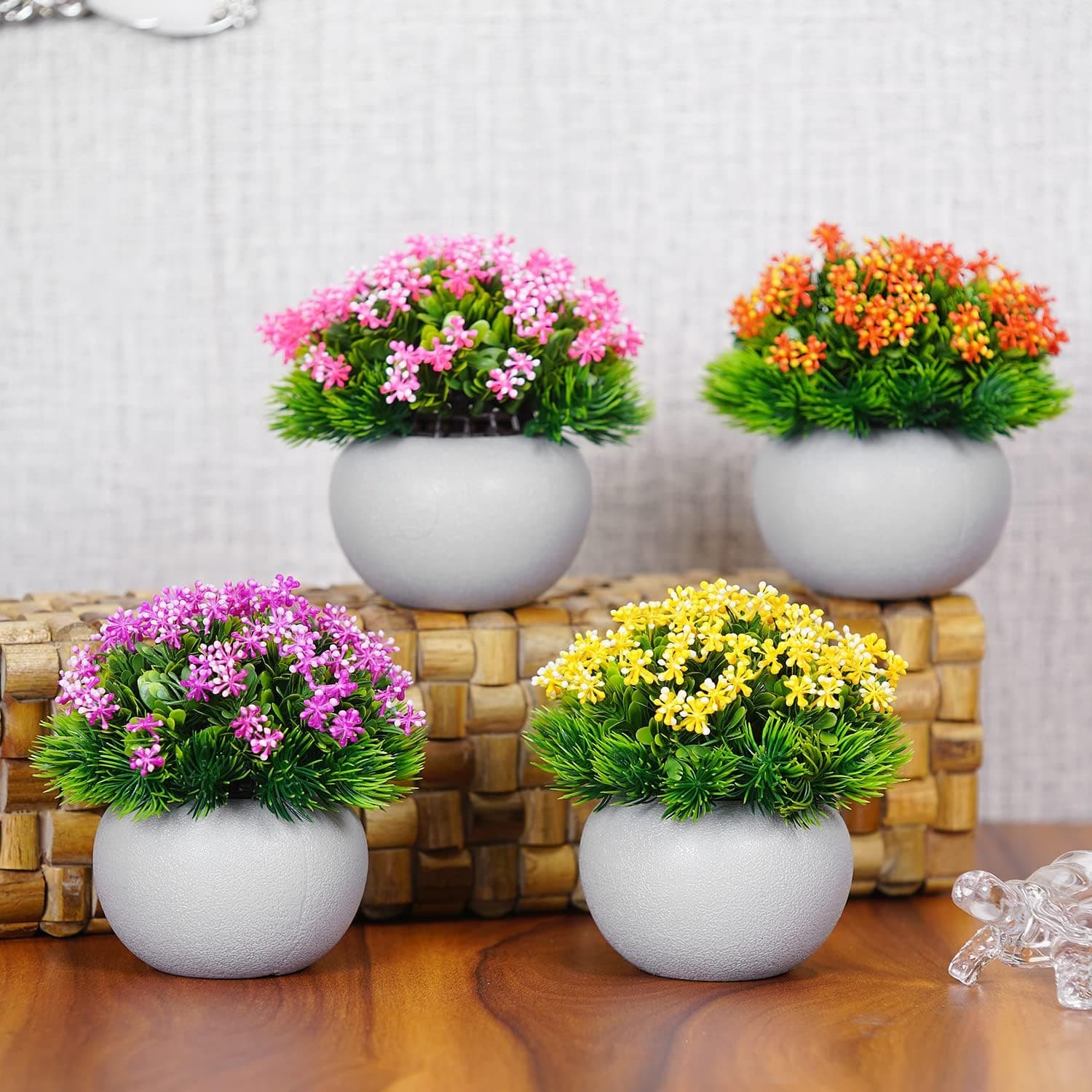 Dekorly Plastic Artificial Flower Plants with White Pot|Flower Plants for Home Office Decor|Bedroom, Living Room, and Balcony Decor|Pack of 4