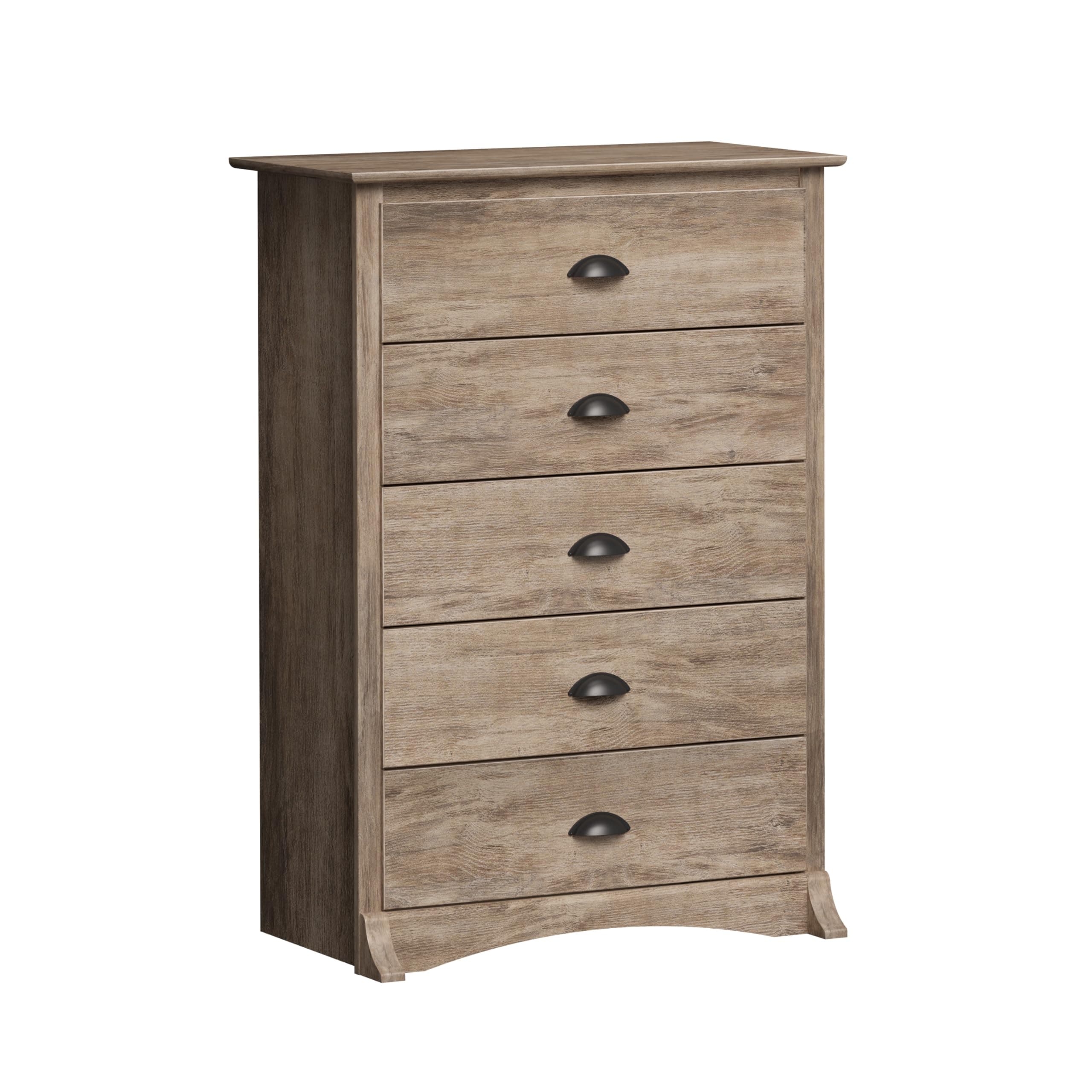Prepac Salt Spring Rustic 5-Drawer Tall Dresser for Bedroom, Farmhouse Dresser Chest of Drawers 17.75" D x 31.5" W x 44.75" H, Drifted Gray