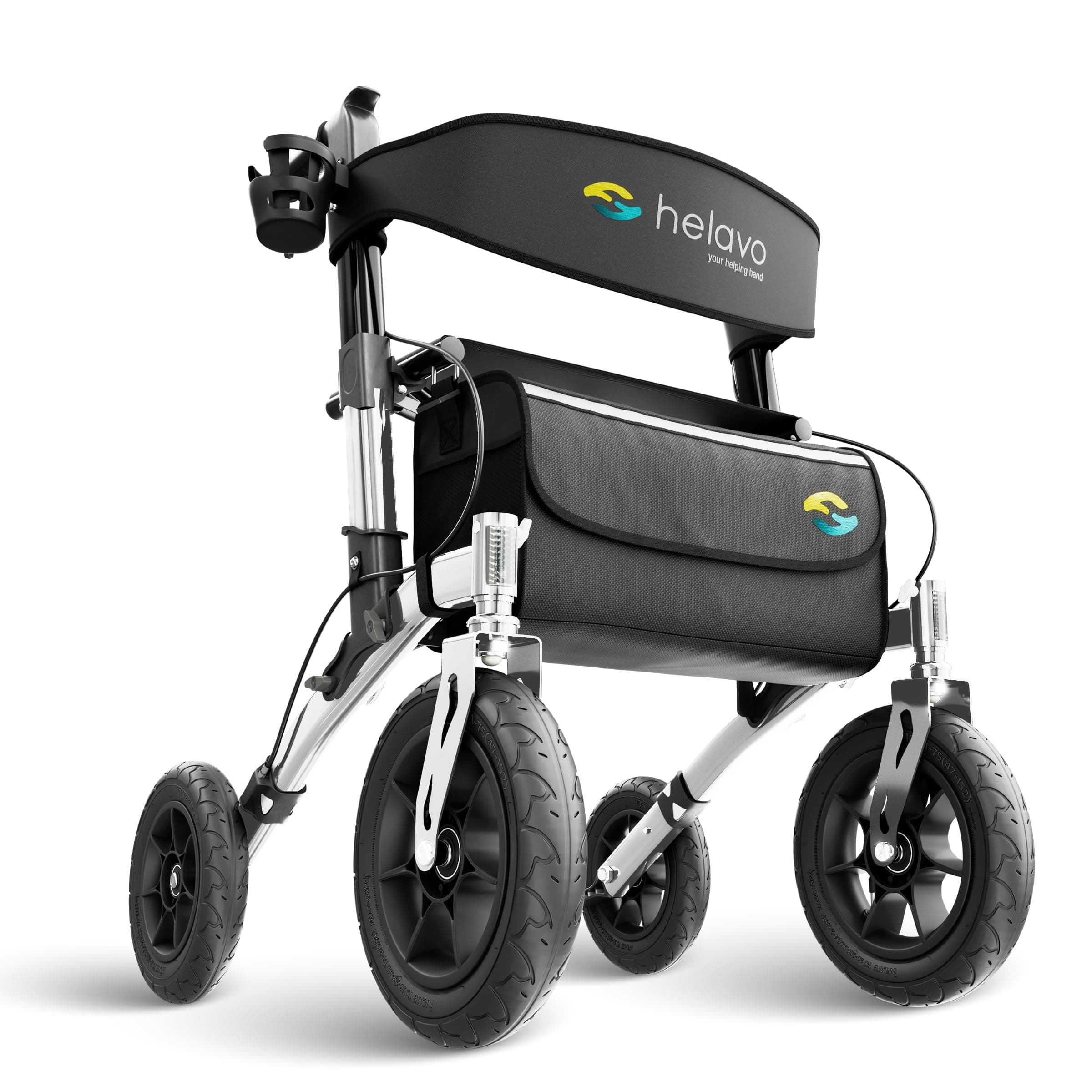 All Terrain Walker with Puncture-Proof, Flat-Free Solid Rubber Tires, 12" Wheels - Foldable Outdoor Walker for Seniors with Seat, Ergonomic Handles and Extra Padded Backrest