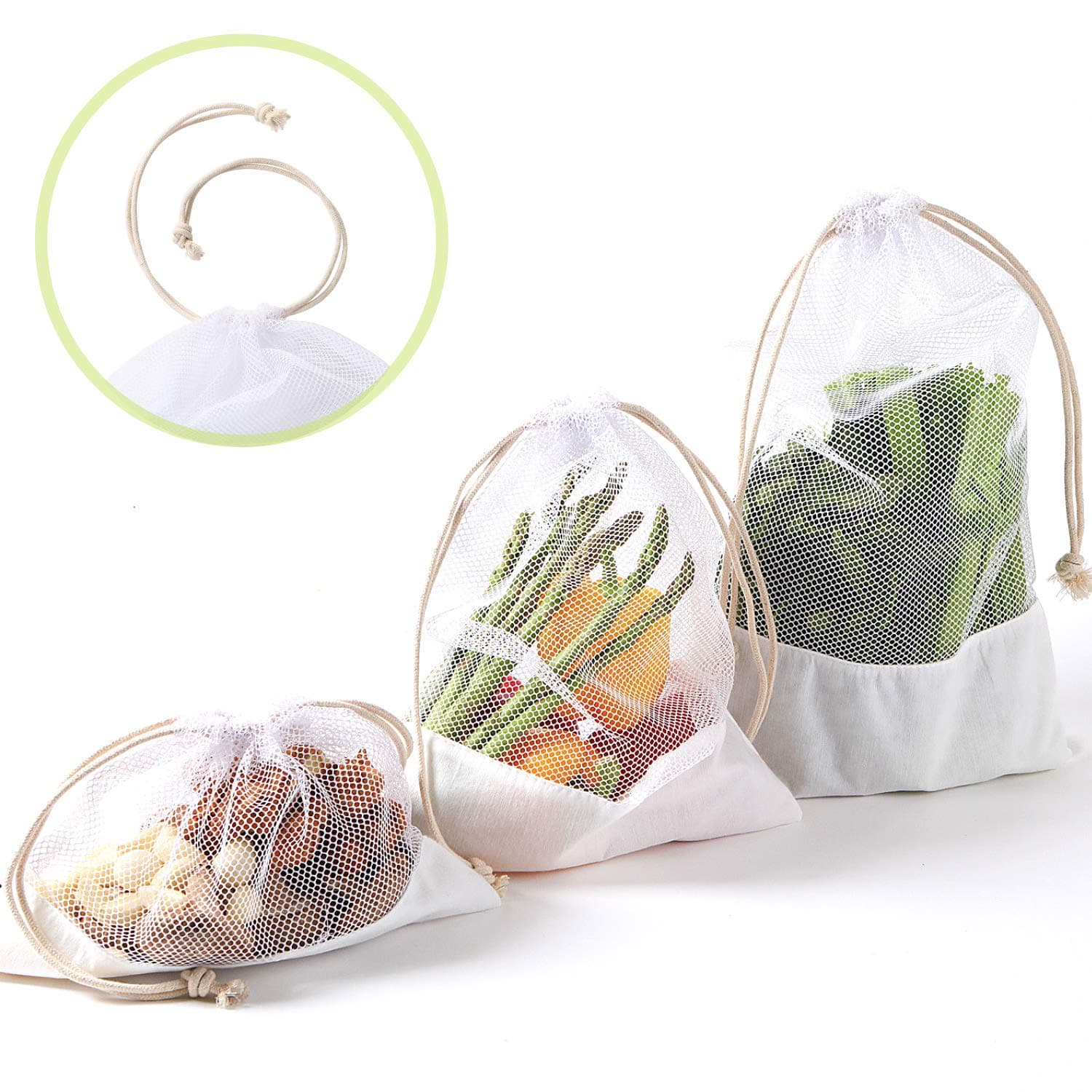 Reusable Vegetable Produce Bags, Large Size, Cotton Drawstrings, See Through, Washable, Tare Weight, Premium Quality 5 Pack (Mix - Bamboo Fabric Bottom)