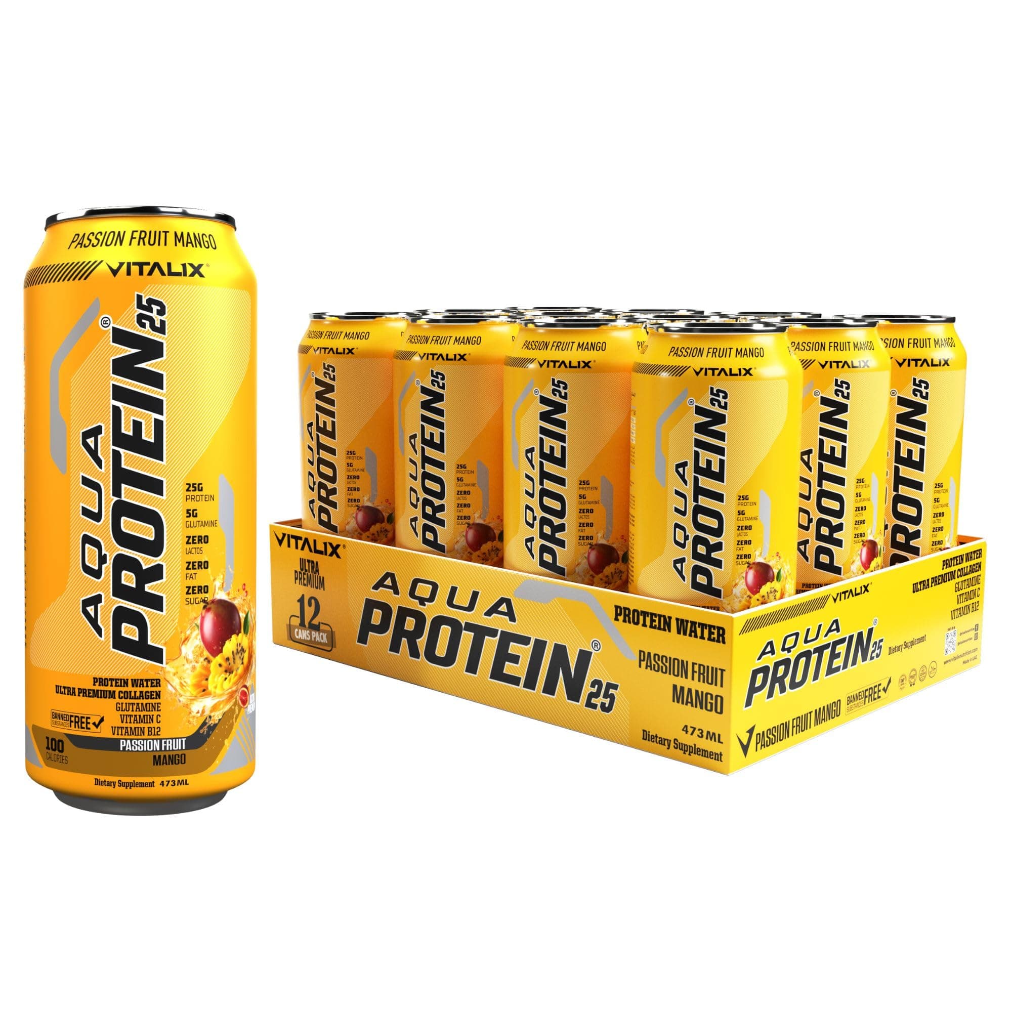 Aqua Protein 25 Passion Fruit Mango - Water With 25G Collagen, Glutamine, Vitamins B,Lactose Free, Sugar Zero Fat, 473Ml Pack Of 12