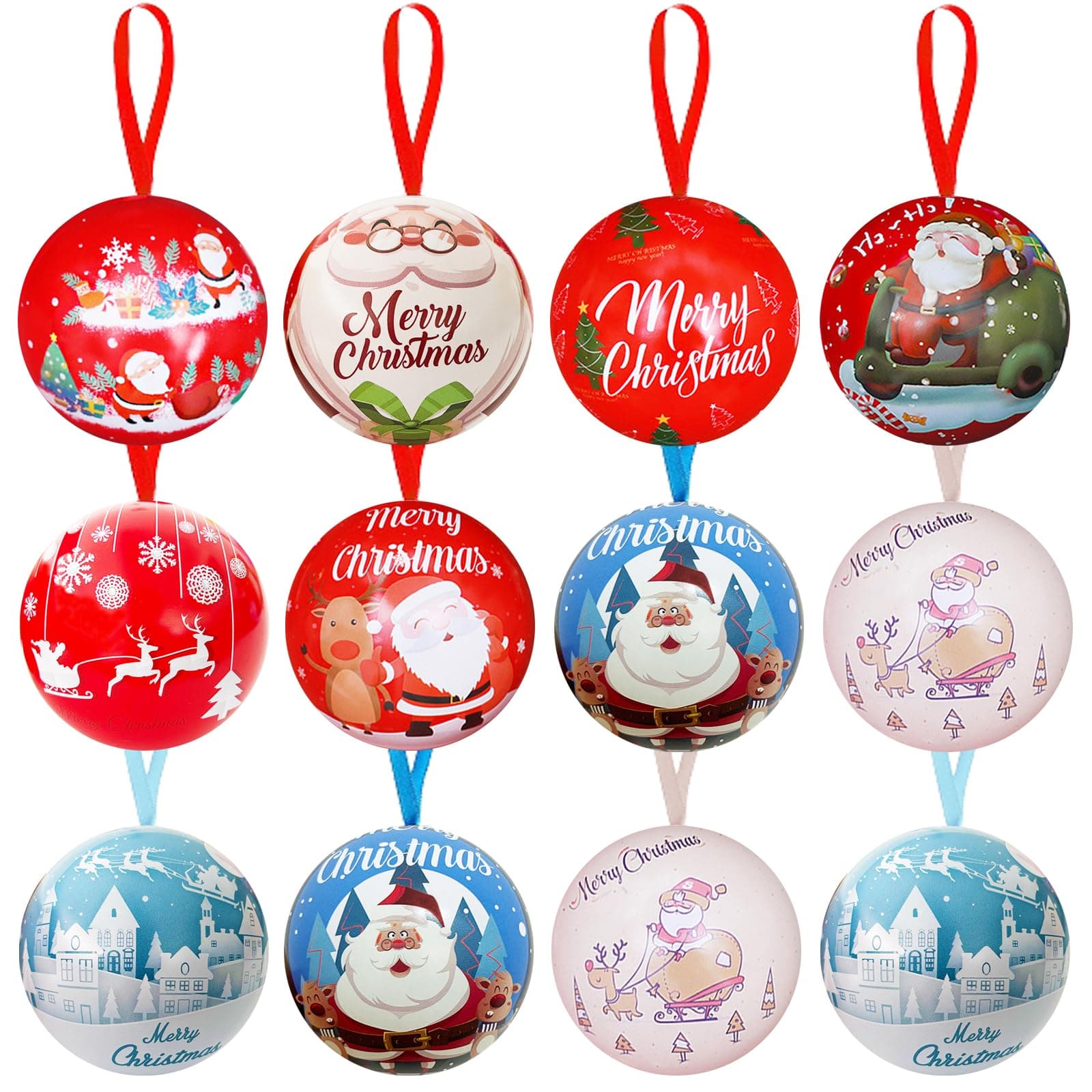 12 Pack Christmas Candy Ball Box Hanging Decorations,Tinplate Christmas Tree Balls Jars Pendant for Xmas Decor,Kids Gifts