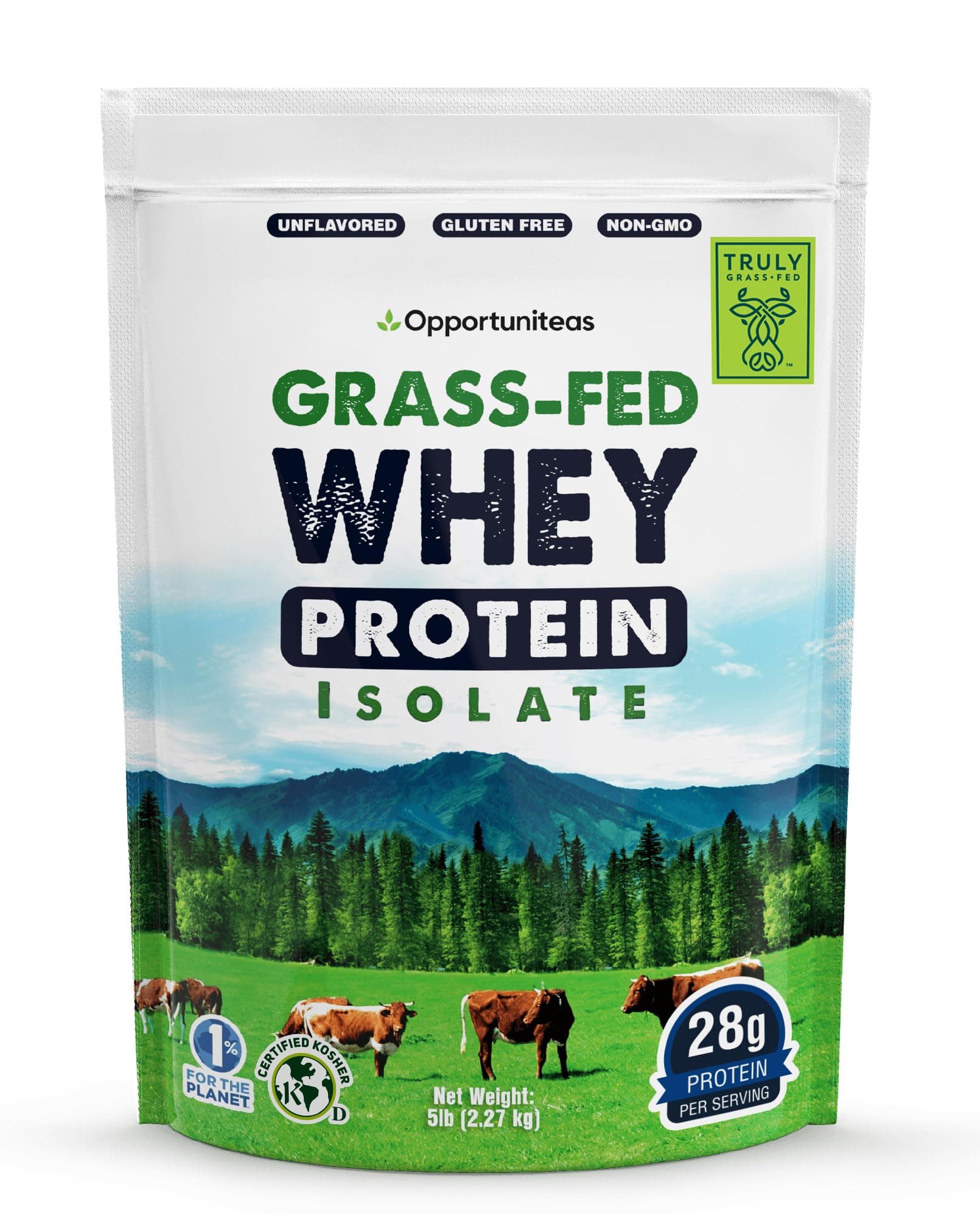 Opportuniteas Grass Fed Whey Isolate Protein Powder – Unflavored, Heavy-Metal Tested, 28g Protein, Sourced from Ireland, Hormone-Free, Non-GMO, Packaged in USA – 5lb