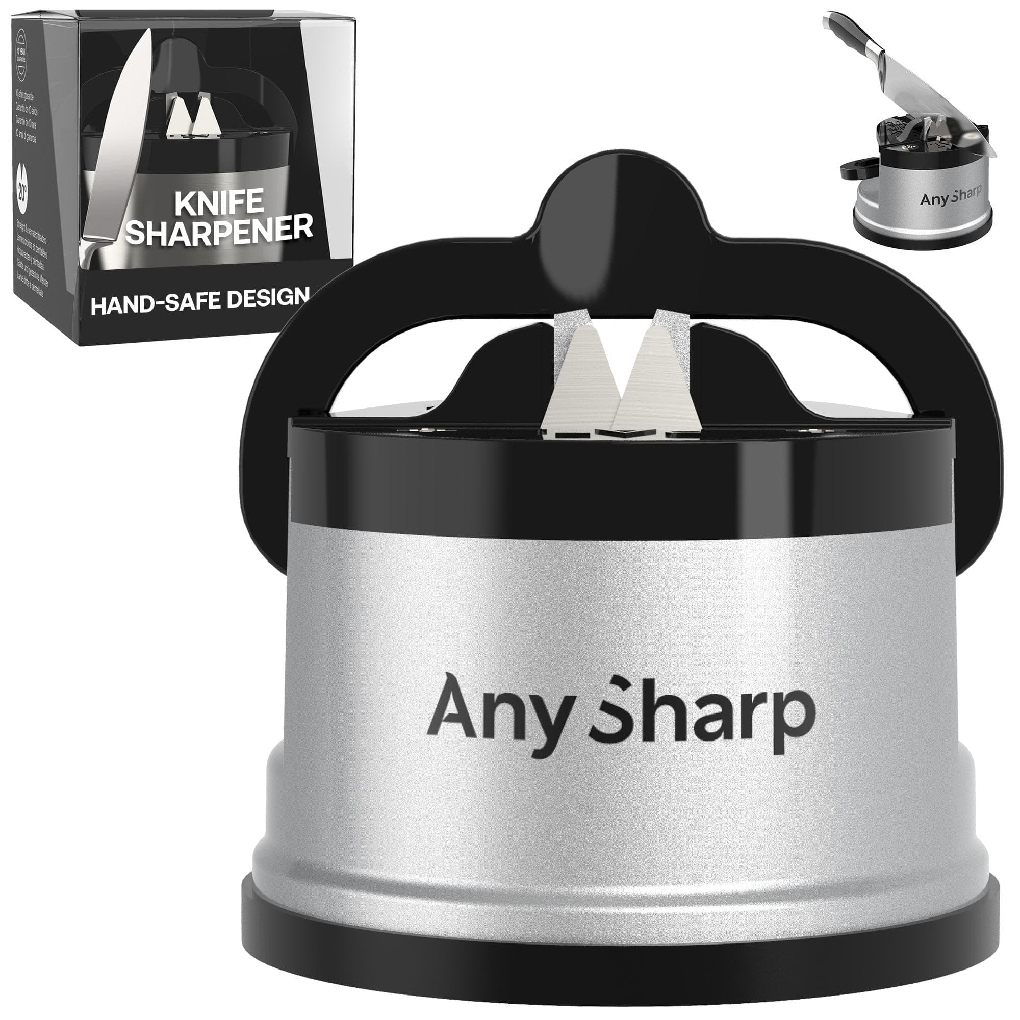 AnySharp – GLOBAL – Hands Free Knife Sharpener - Easy to Use Sharpening Tool with PowerGrip Suction Base and 20-Degree Pre-set Angle - For All Knives: Chef’s, Serrated, and Hardened Steel - Silver