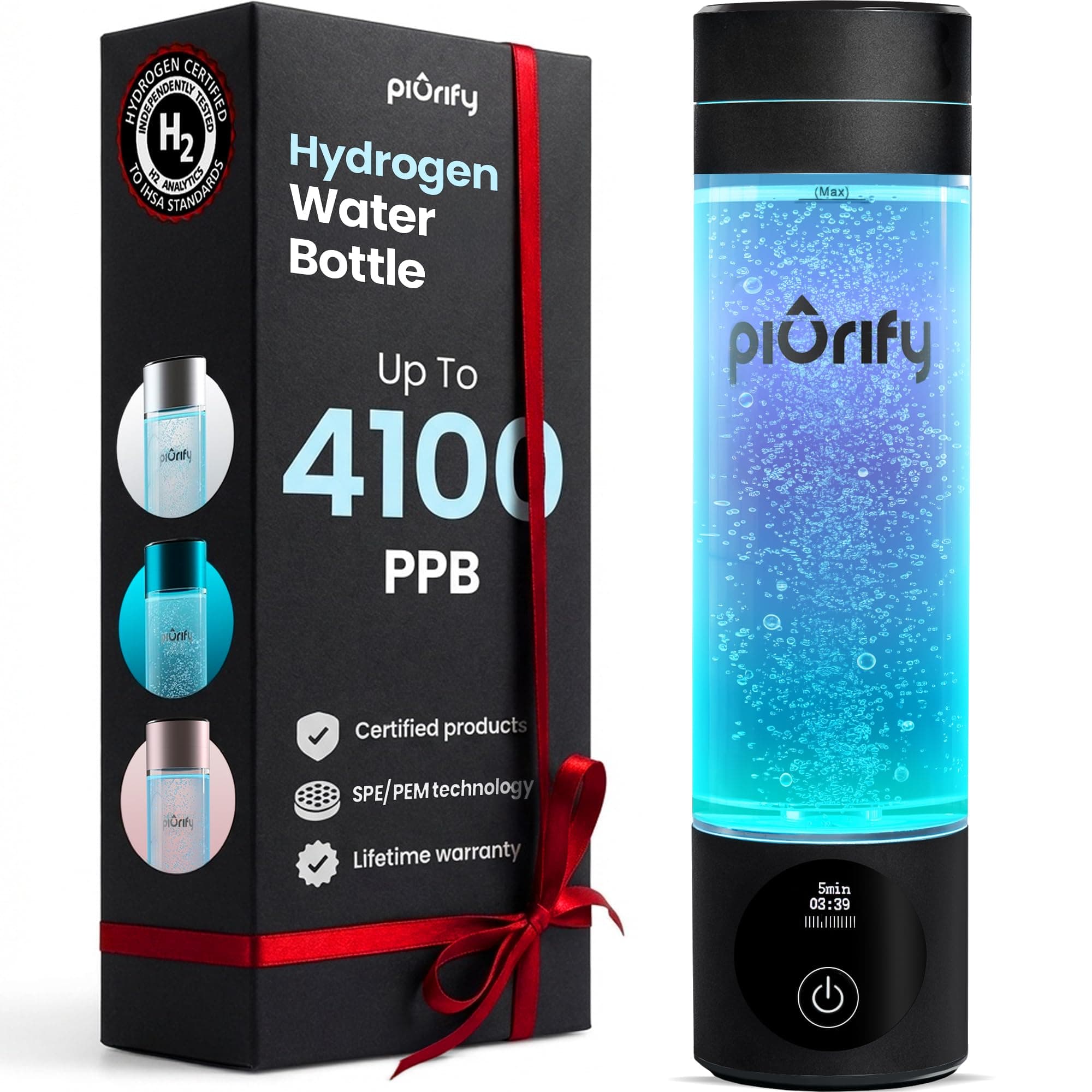 PIURIFY Hydrogen Water Bottle Generator - Up to 4100+ PPB Molecular Hydrogen Infusion - SPE/PEM Technology - Certified H2 Generator - Rechargeable - Extended Warranty - 10 oz (Black)