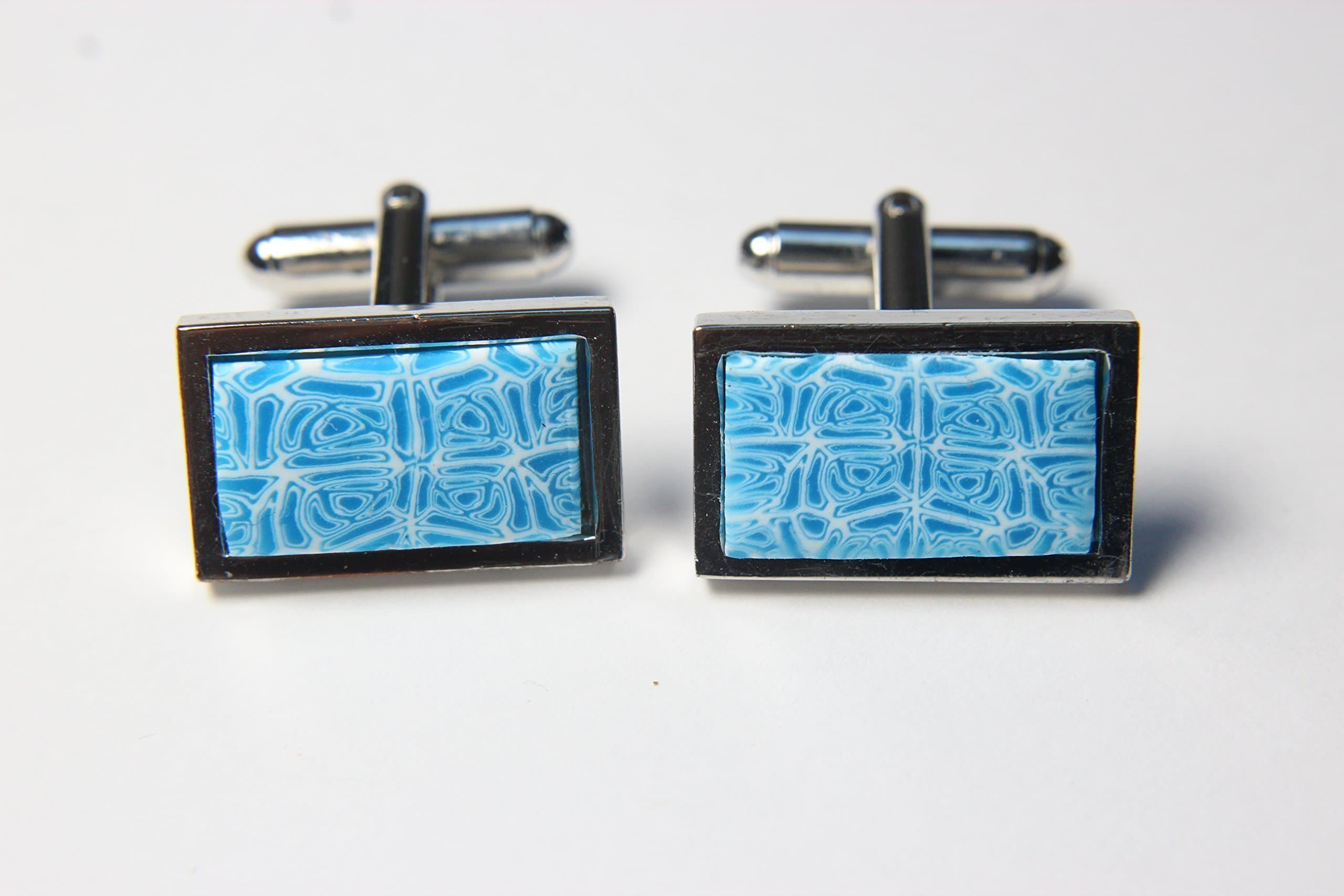 Handmade cufflinks by VJF Cufflinks. Light blue rectangle design. Branded box. Fantastic personal, unique and distinctive cufflink gifts. Every pair are unique.