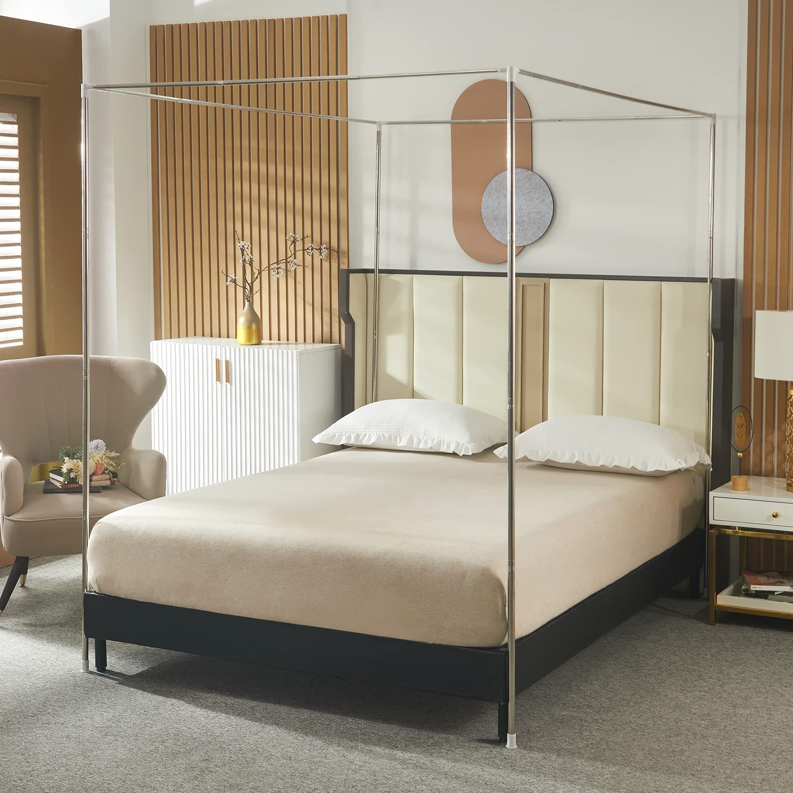 Beyeutao Double Size Canopy Bed Frame Stainless Steels Bed Canopy Frame W135 x L200 x H200 cm 4 Poster Mosquito Frame Mosquito Net Pole for Play Tent Stand Outdoor or Indoor