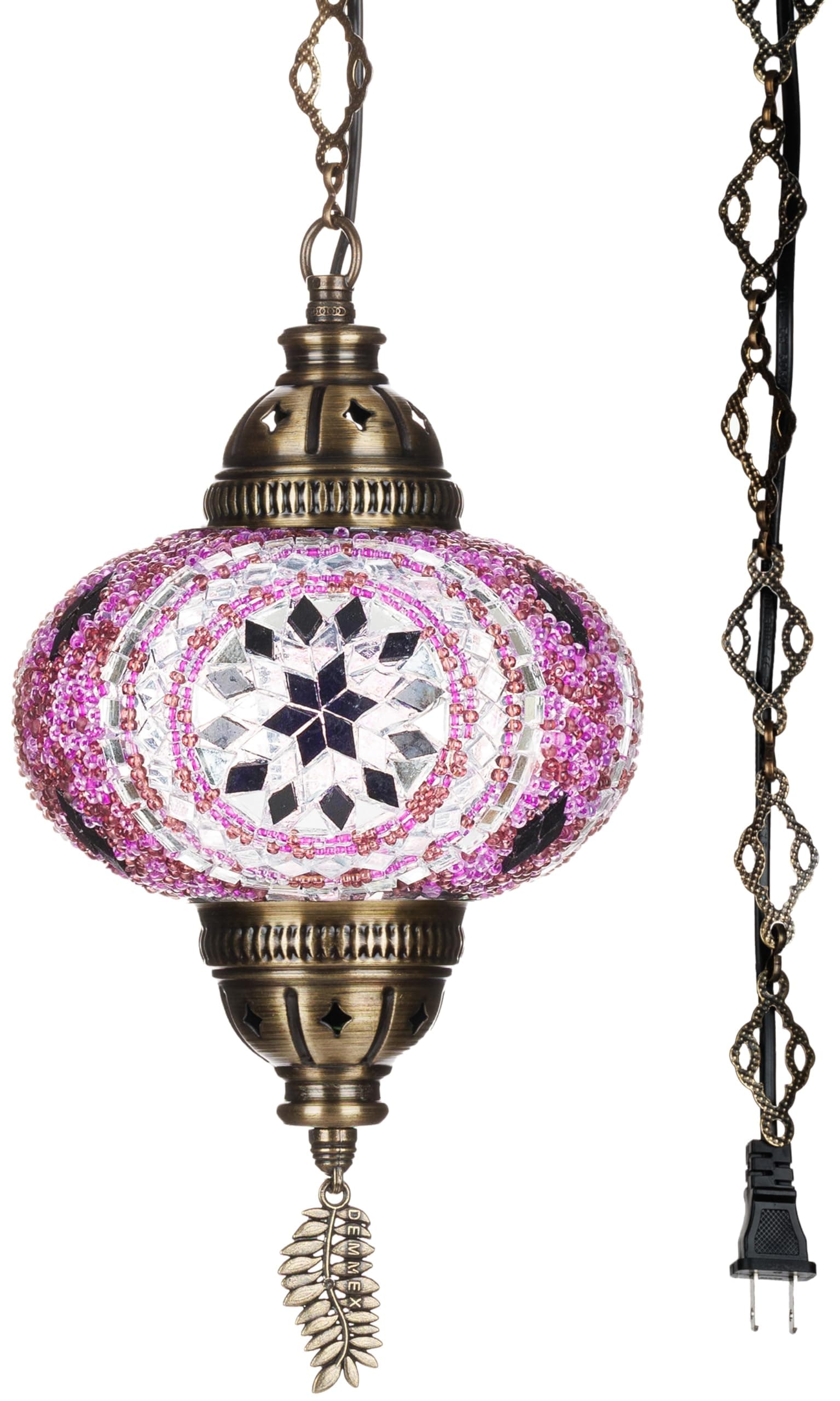 DEMMEX Plug-in Turkish Moroccan Mosaic Hanging Pendant Ceiling Light – Swag Lamp Fixture with 15ft Cord & Chain, Handcrafted, Vintage Tiffany Style, Mediterranean Exotic Decor, Lilac Light Purple