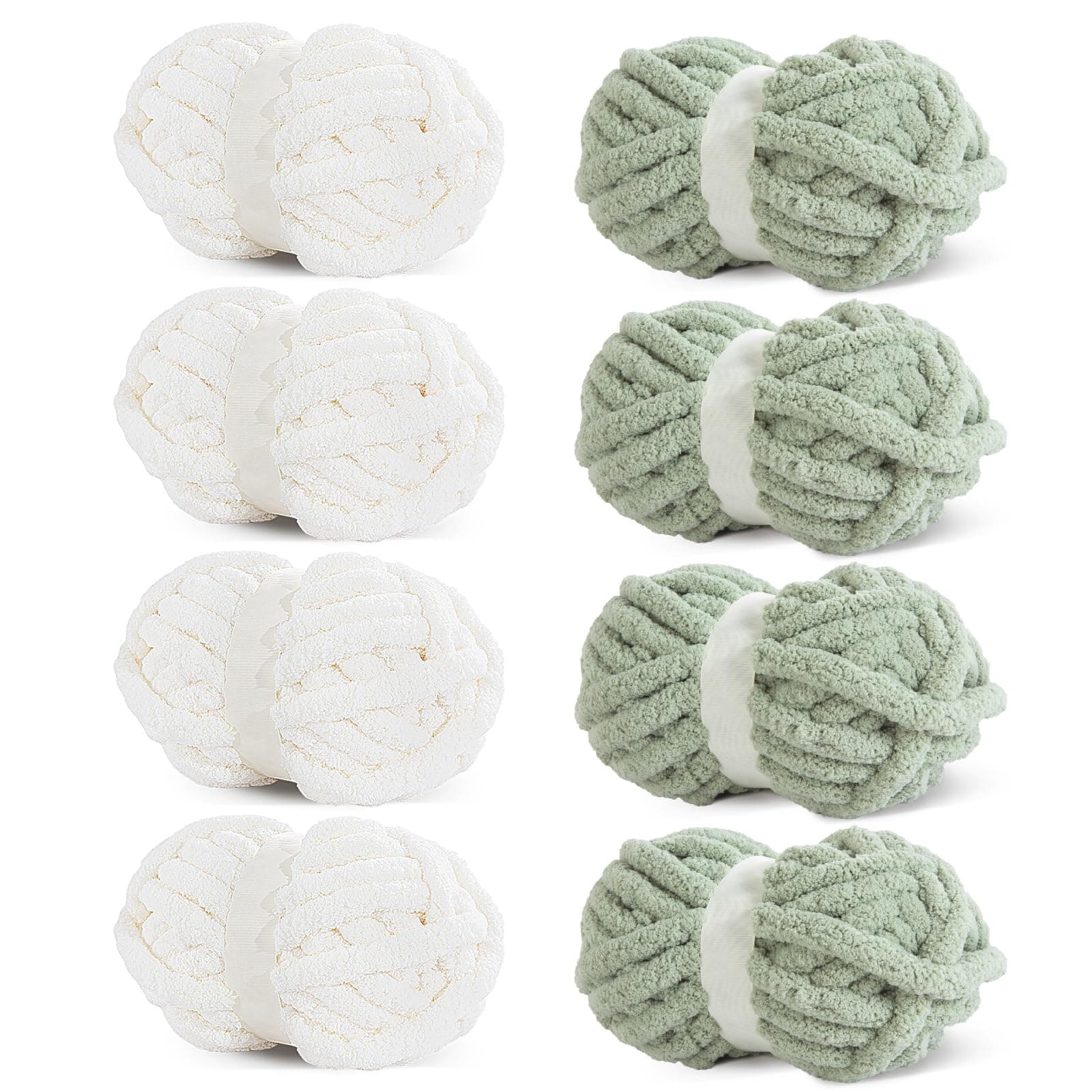 8 Pack Assorted Chunky Yarn for Crocheting,Super Bulky Large Soft Fluffy Yarn,Plush Fuzzy Yarn,Thick Chenille Yarn for Hand Knitting/Arm Knitting,4 White & 4 Sage Green(31.7yds,8 oz Each Skein)