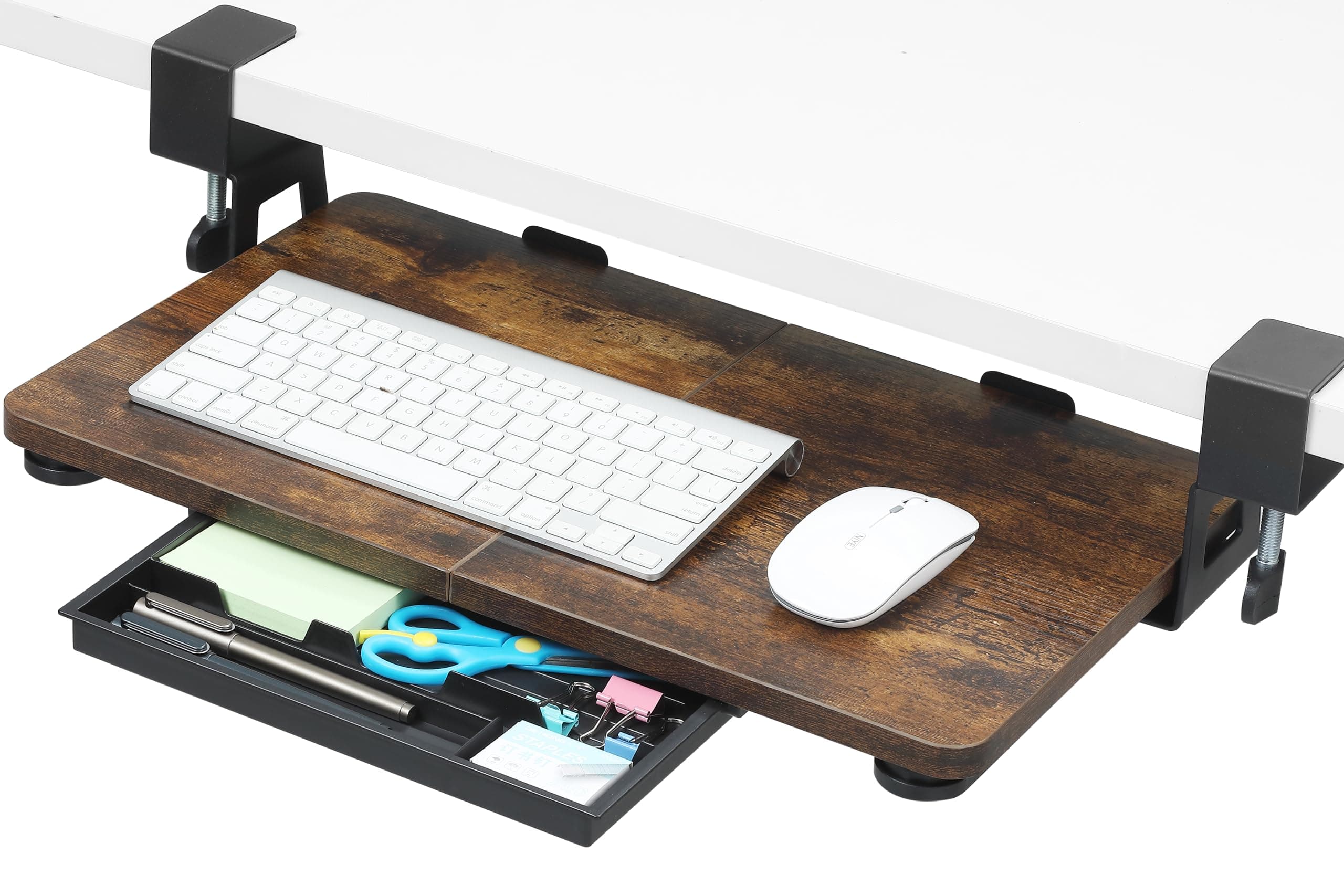 ETHU Keyboard Tray Under Desk, 19.7" X 11.81" Small Size Keyboard Drawer with C Clamp-on Mount Easy to Install, Computer Keyboard Stand Slide Pull Out, Ergonomic Keyboard Tray for Home, Office
