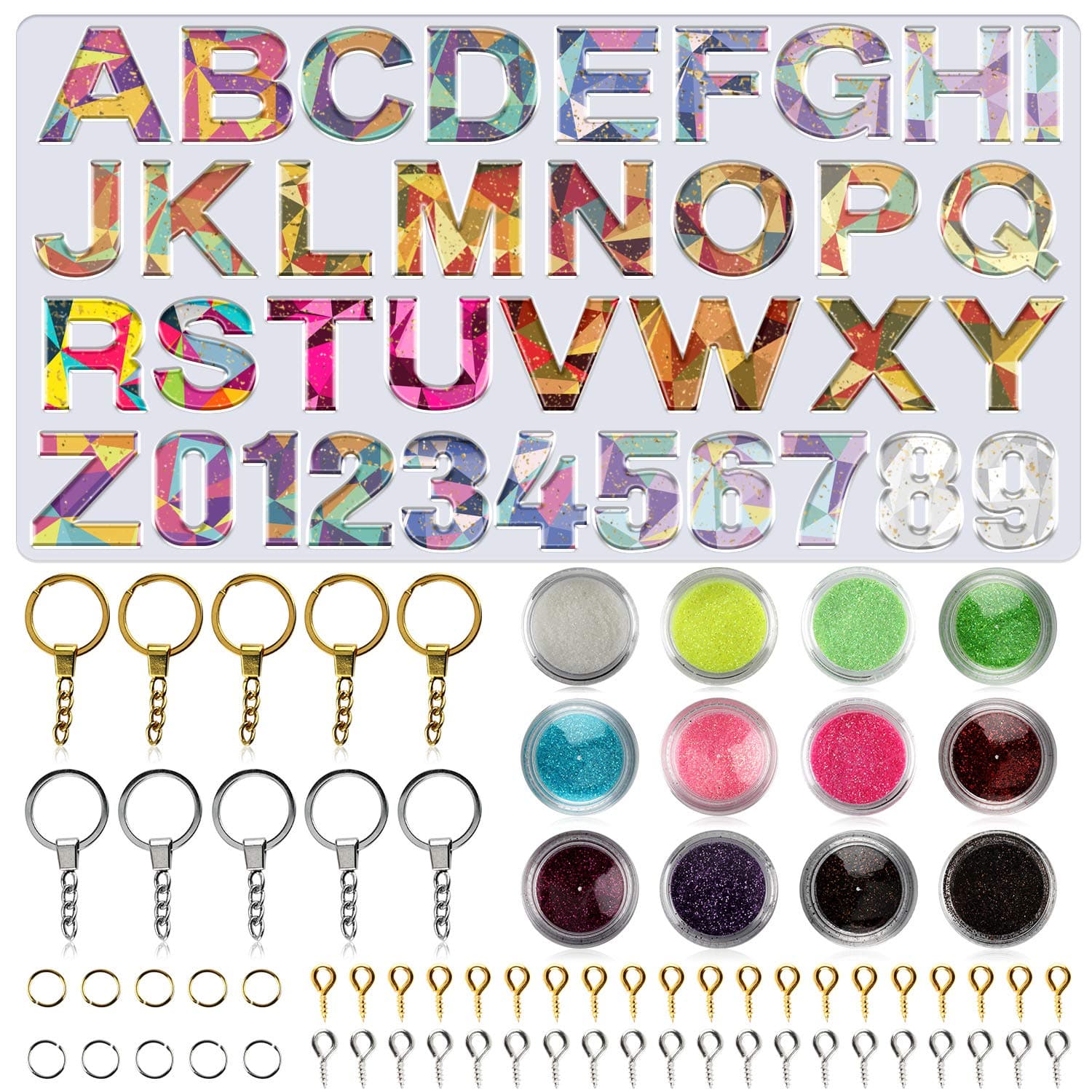 Apsung Casting Resin Silicone Molds, Casting Alphabet Silicone Mold with Glitter Sequins, Key Rings, Screw Eye Pins for Making Epoxy Resin Crafts, Keychain, House Number