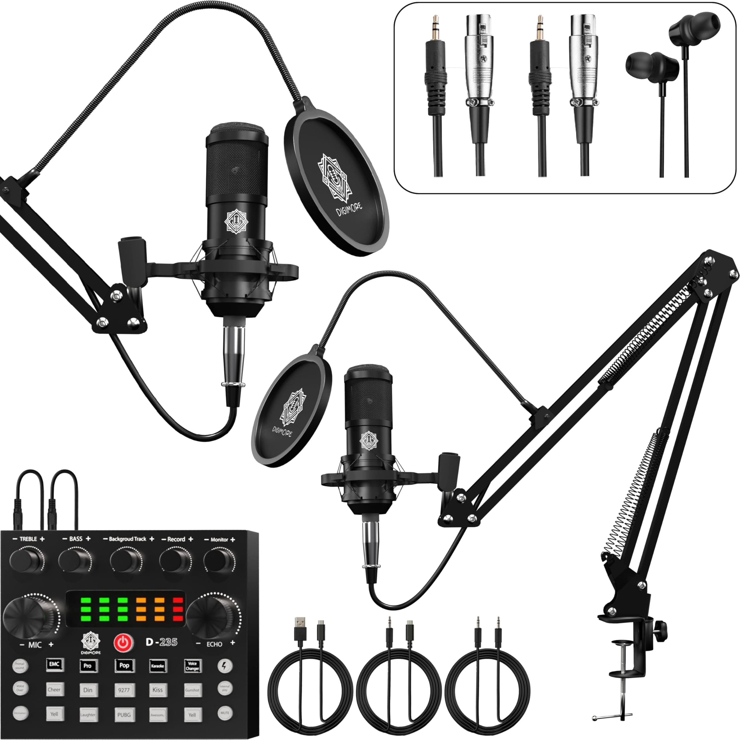 DIGIMORE Dual Condenser Microphone Kit for Singing with V8 Sound Card | Studio Recording Equipments Full Set, Voice Recorder Mic, Karaoke, Gaming, Podcast & Lecture (D-432)