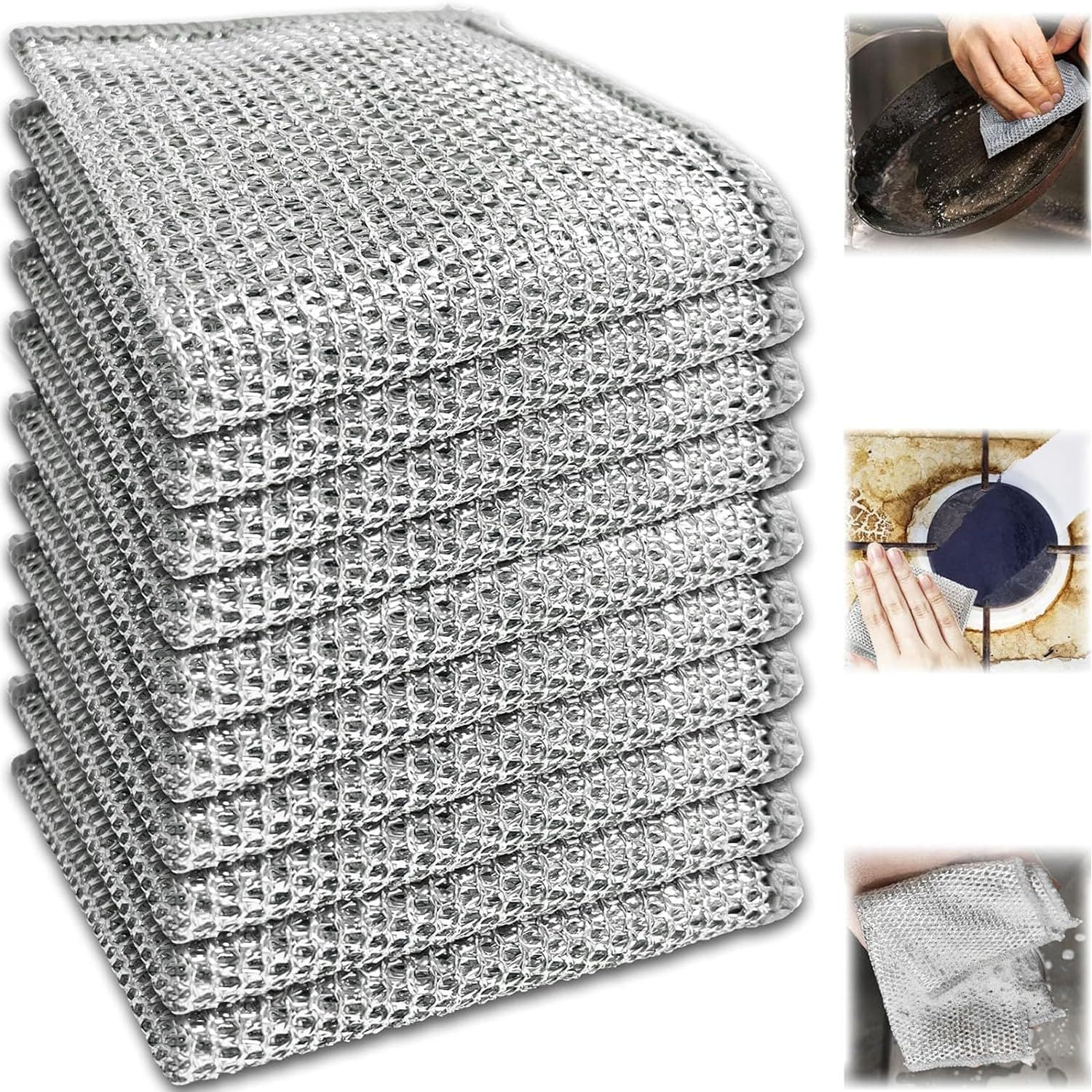 10 Pcs Non-Scratch Wire Dishcloth, Multipurpose Wire Dishwashing Rags, Wet and Dry, Double Layer Reusable Cleaning Cloths Wire Dish Cloths, for Kitchen, Dishes, Sinks, Counters, Stains from Stove Tops