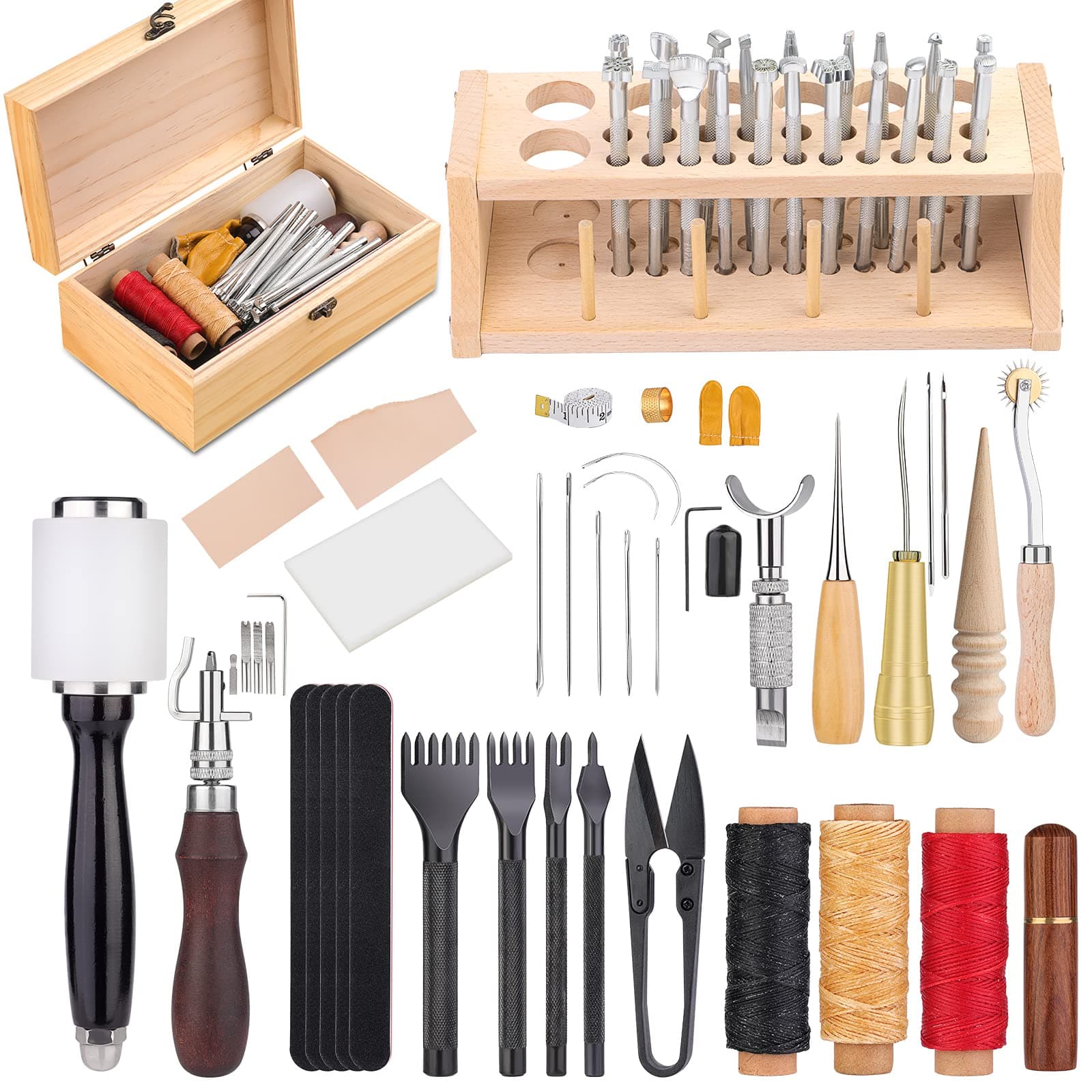 UOOU Leathercraft Hand Tools Kit with Instructions,Leathercraft Working Tools,Stamping Set,Prong Punch,Hand Sewing Stitching, for DIY Leather Working and Saddle Making