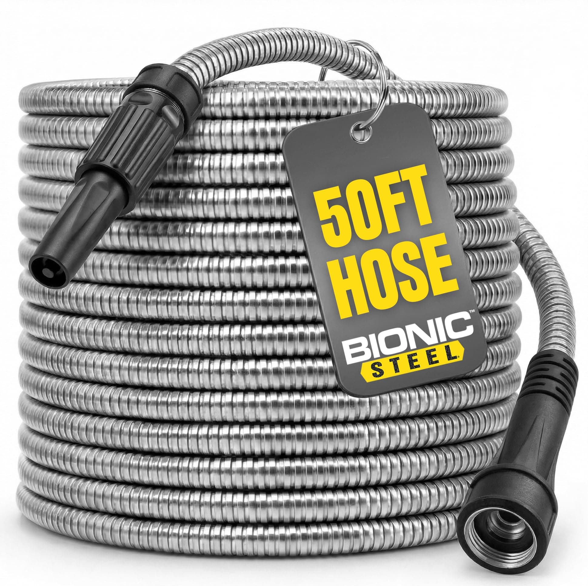 BIONIC STEEL 50 FT Garden Hose Pipe with Nozzle 304 Stainless Steel Metal Hosepipe, Crush Resistant Flexible Hose Pipe, Kink Free Ultra Lightweight Garden Hose Easy to Coil, Garden Hoses