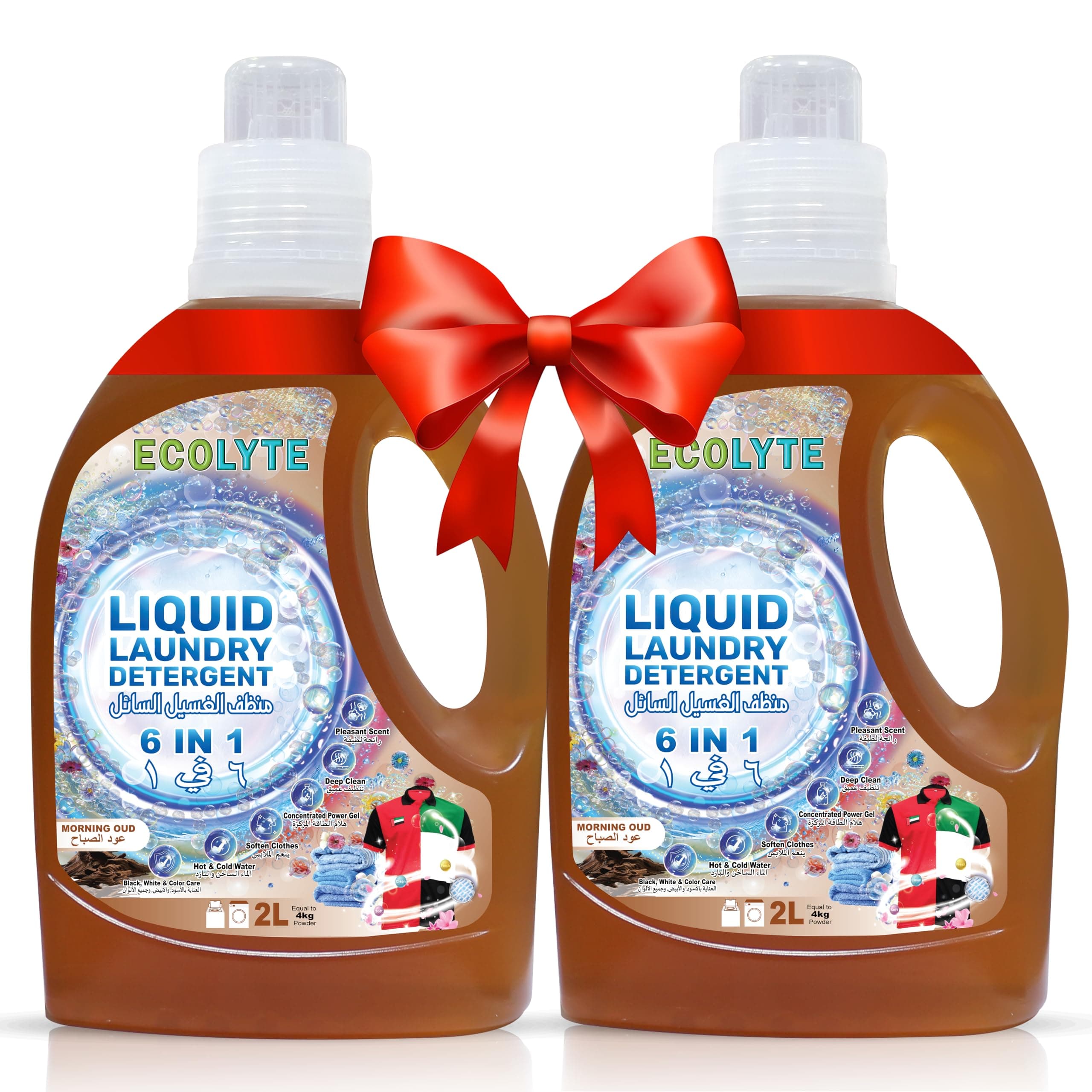 ECOLYTE+ Liquid Laundry Detergent for All Washing Machines, 6 in 1 Deep Clean Technology, Power Gel, Color Care, Perfect Cleanliness & Long-Lasting Freshness - (Morning Oud, 2 Liter, Pack of 2)