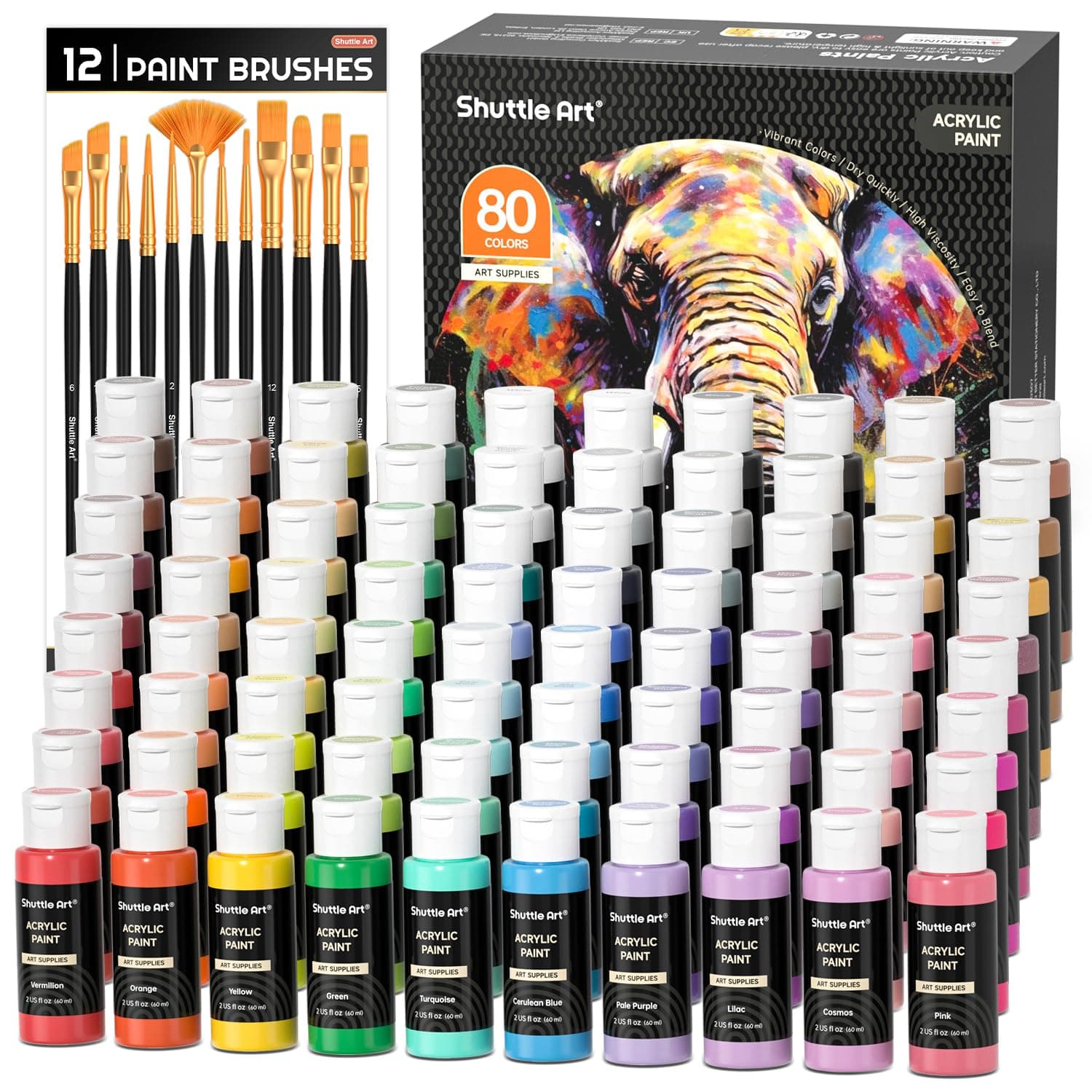 Shuttle Art 80 Pack Acrylic Paints Set, 78 Colours Acrylic Paint (2oz,60ml) with Extra White Black Piants & 12 Brushes, Rich Pigmented, Water Proof for Artists, Beginners on Canvas Rock Wood Ceramic