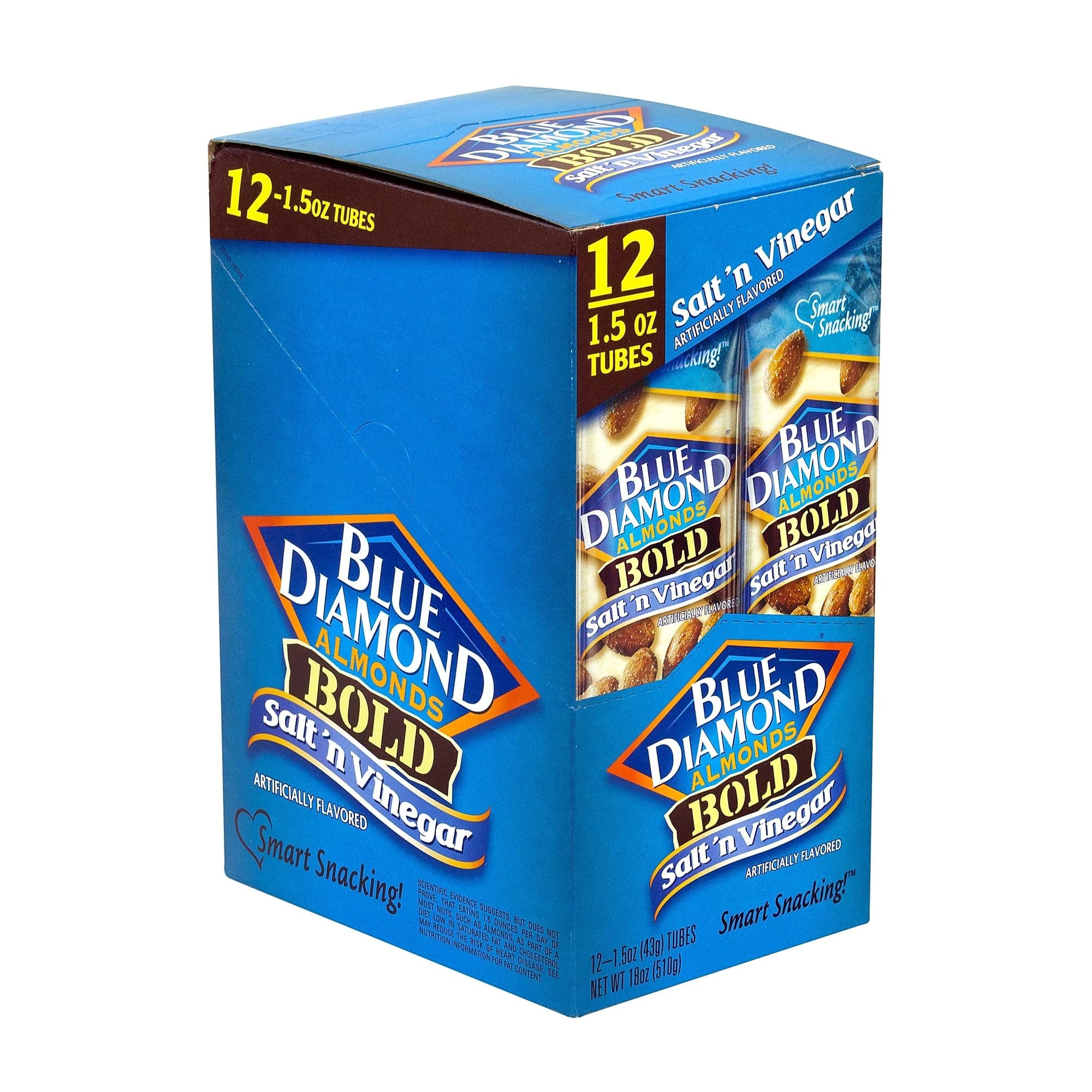 Blue Diamond Bold Almonds, 45ml tubes, Salt 'n Vinegar, 12 tubes