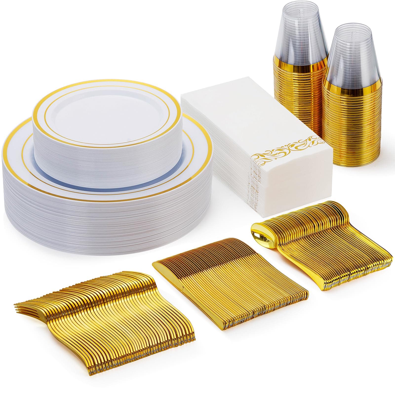 175 Pieces Gold Dinnerware Set for 25 Guests, Plastic Plates Disposable for Party, Include: 25 Dinner Plates, 25 Dessert Plates, 25 Paper Napkins, 25 Cups, 25 Gold Silverware Set