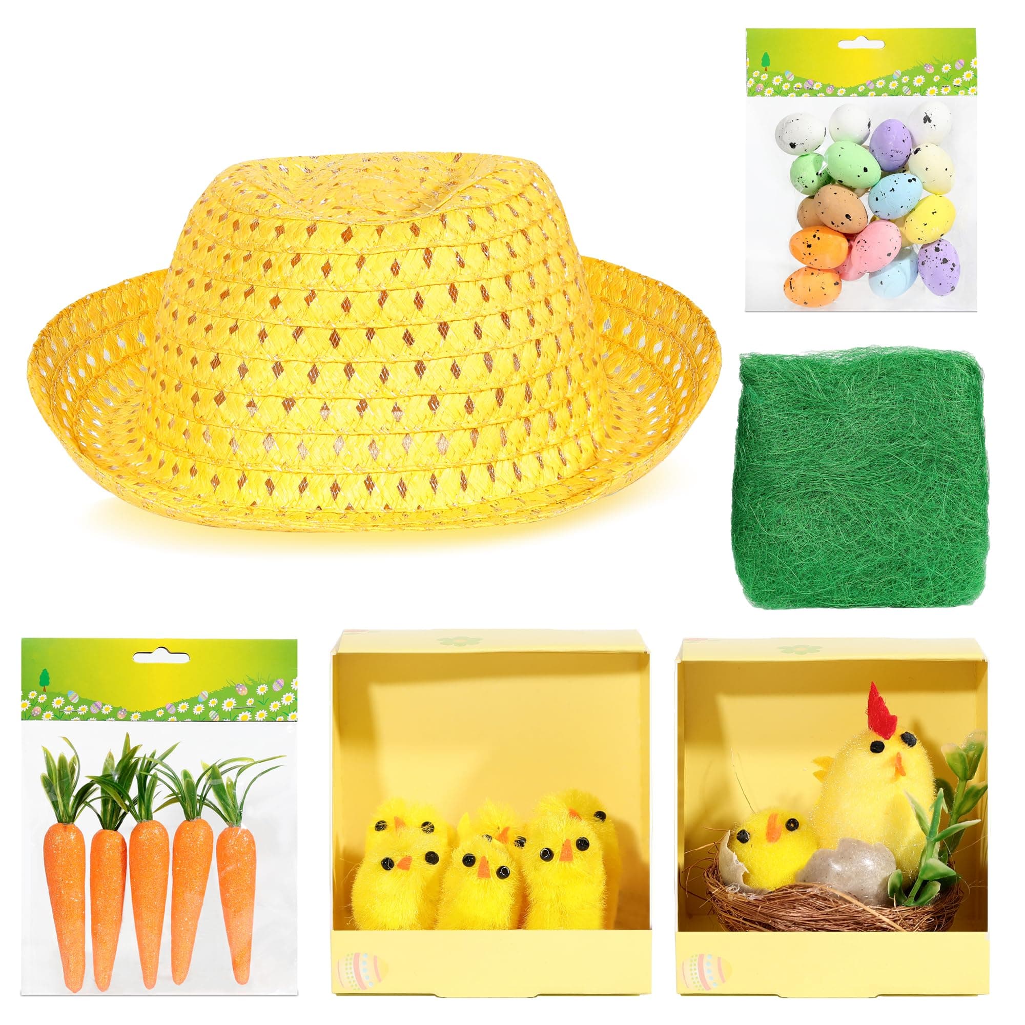 Make Your Own Easter Bonnet Kit - Kids Easter Bonnet Hat with Easter Chicks Easter Grass Easter Eggs Decorations Easter Carrots Easter Bonnet Decorations - Easter Crafts for Kids Easter Hat (Yellow)