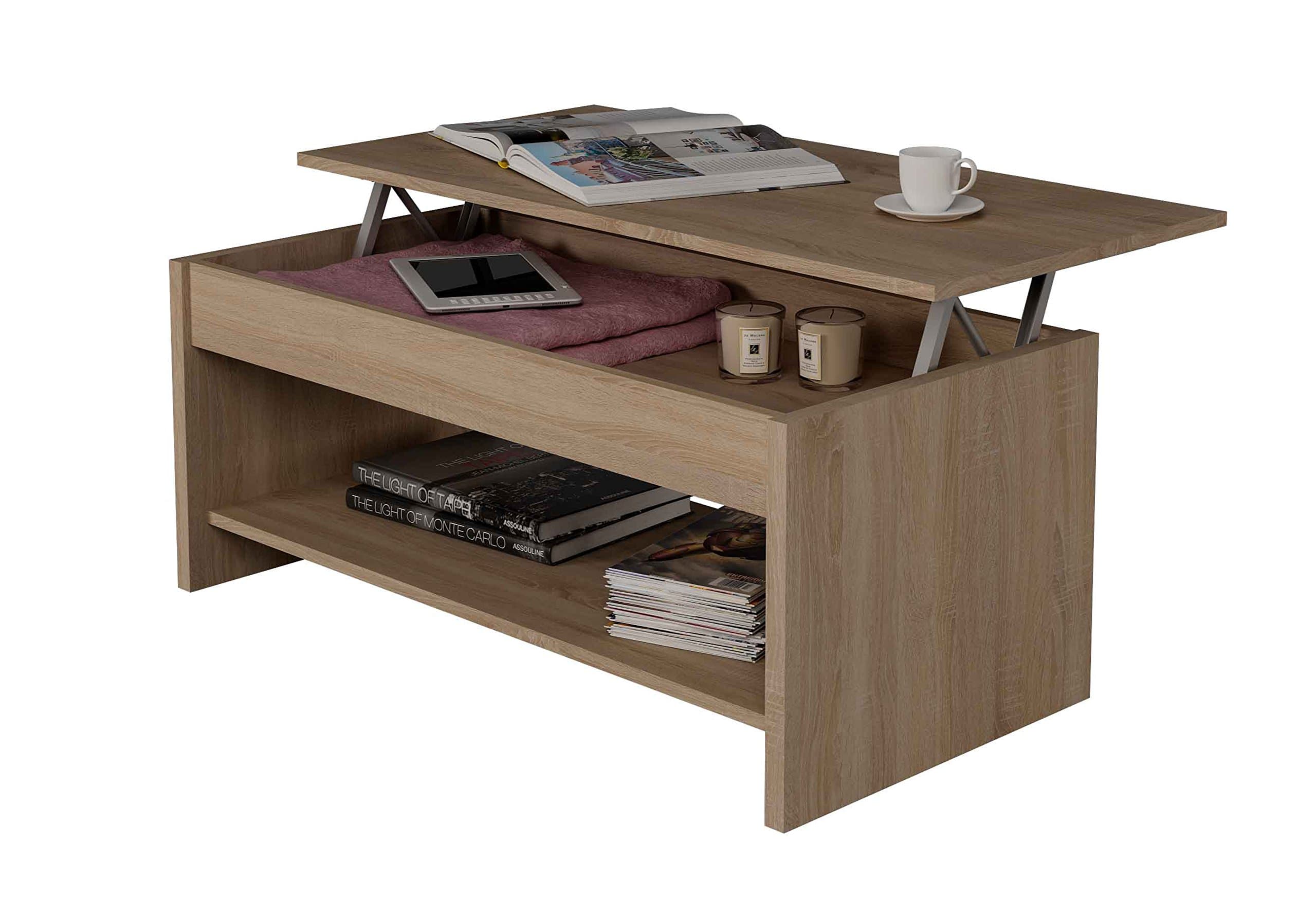 samblo Argus Lift-Up Coffee Table, Wood and Melamine, Oak, 100 x 50 x 42 cm