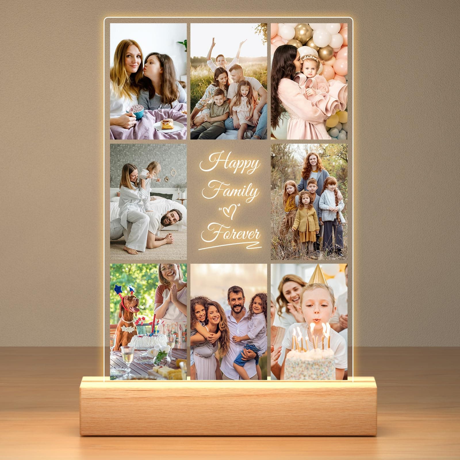 Jkolalin Personalized Collage Picture Frames with Photos, Custom Photo Frame with Night Light, Customized Picture Frame, Personalized Birthday Gifts for Women Men Mom Dad Kids Baby Family Friends