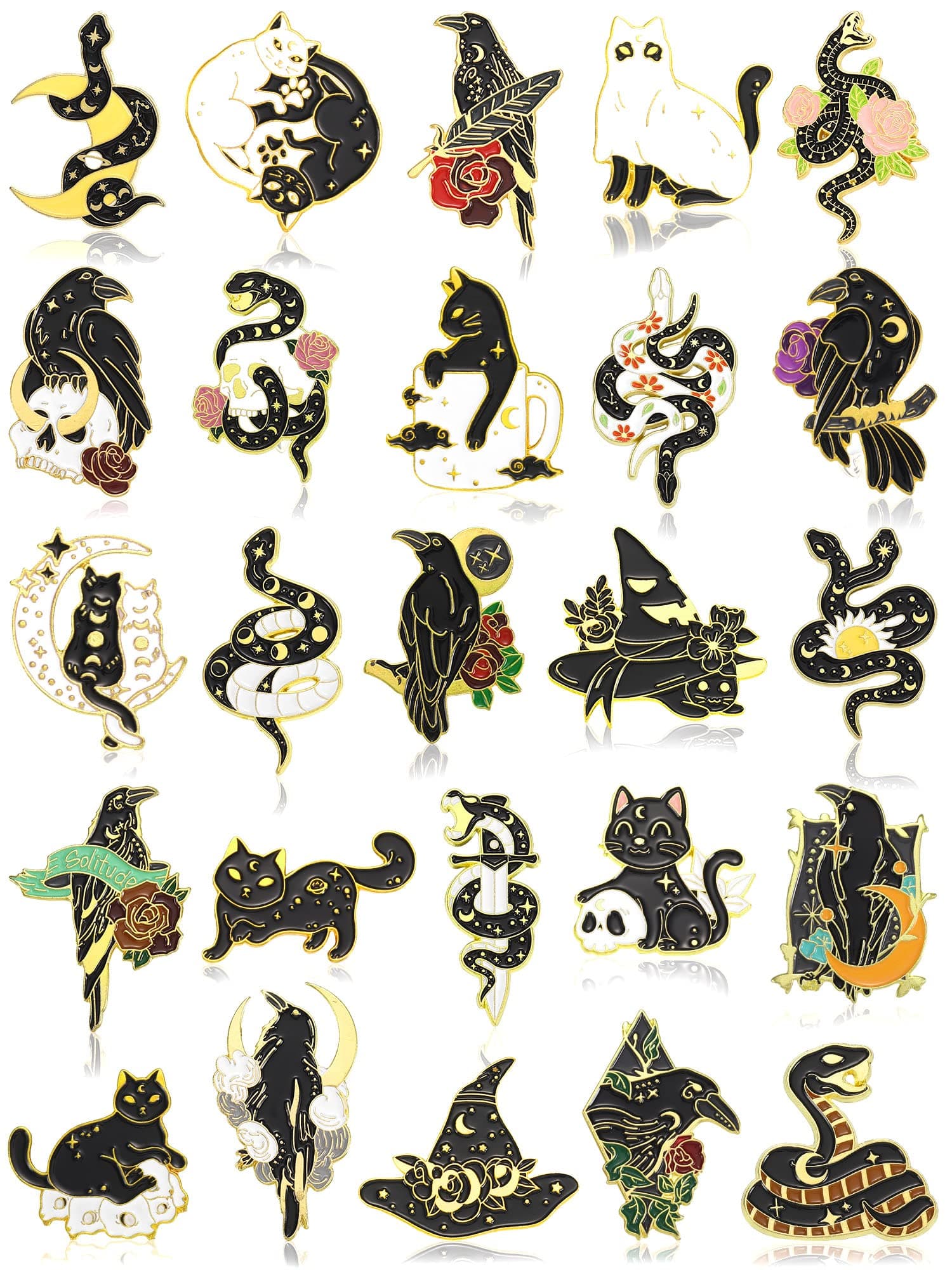 25 Pieces Black Gold Enamel Pins Set Backpack Pins Gothic Pins Crow Snake Cat Button Pins Cool Horror Brooches Cute Aesthetic Badges for Clothing Bags Lapel Jackets DIY Decoration, Metal, no gemstone