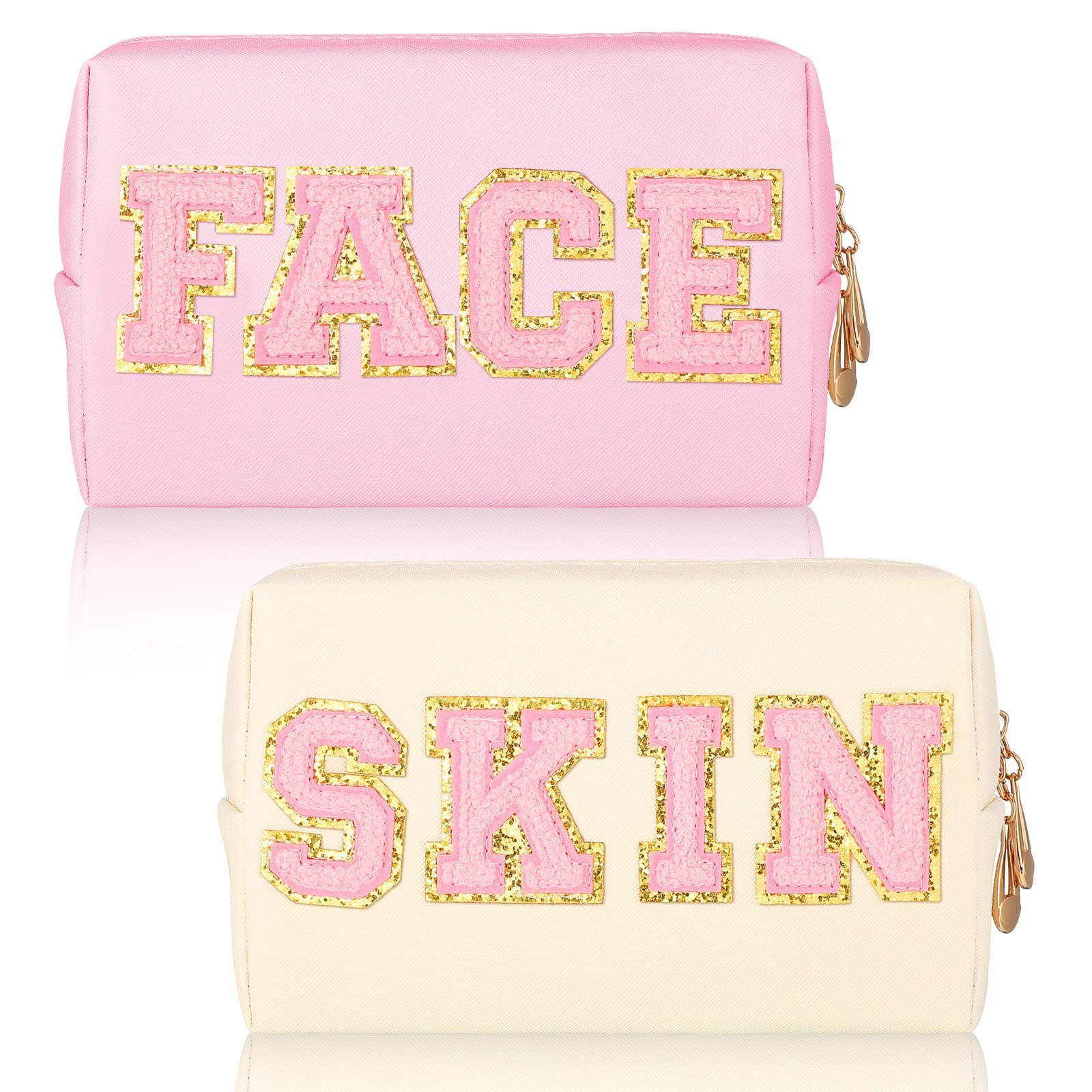 Sotiff 2 Pcs Preppy Patch Makeup Bag Waterproof Chenille Letter Cosmetic Bag Portable Toiletry Bag Zipper Pouch Travel Organizer for Women(White, Pink,Fresh Style)