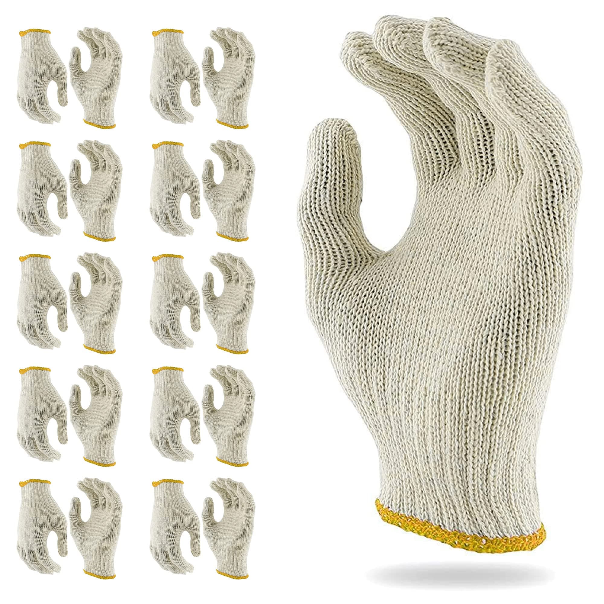 ABC 12 pairs String Knit Work Gloves, 10 Inch.Cotton and Polyester String Knit Gloves. Reusable Roping Gloves for Men and Women with Yellow Line.